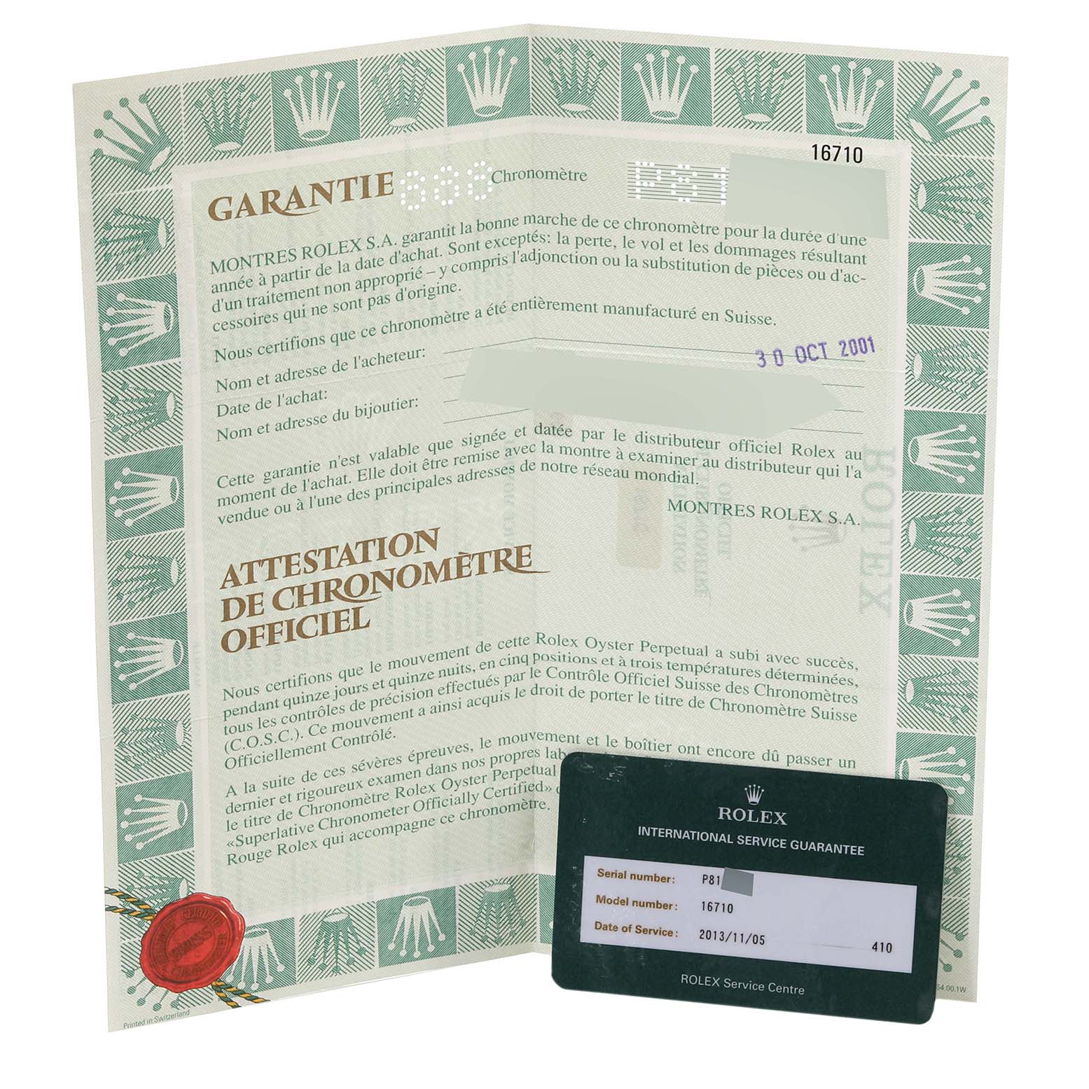 The image shows the warranty card and certification for the Rolex GMT-Master 16710 Men
s Stainless Steel Black Dial 16710 Men
s Stainless Steel Black Dial model 16710.