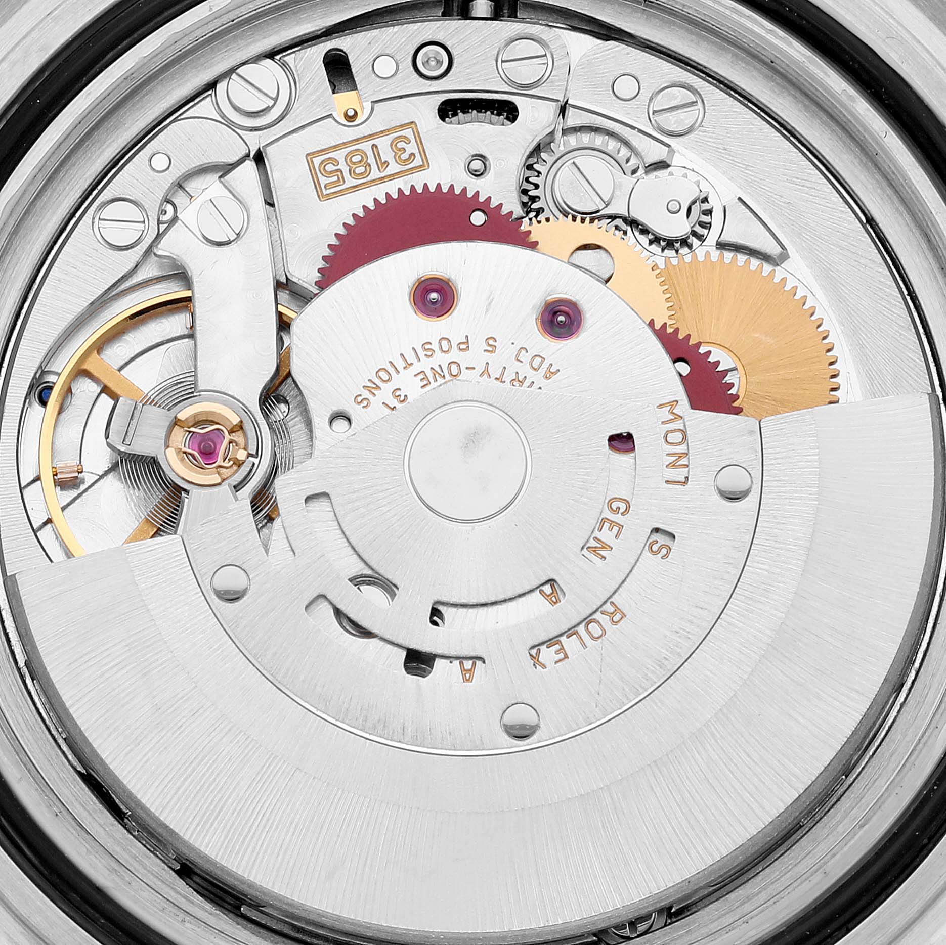This is an image of the movement mechanism inside a Rolex GMT-Master 16710 Men
s Stainless Steel Black Dial 16710 Men
s Stainless Steel Black Dial watch, showing gears and components.