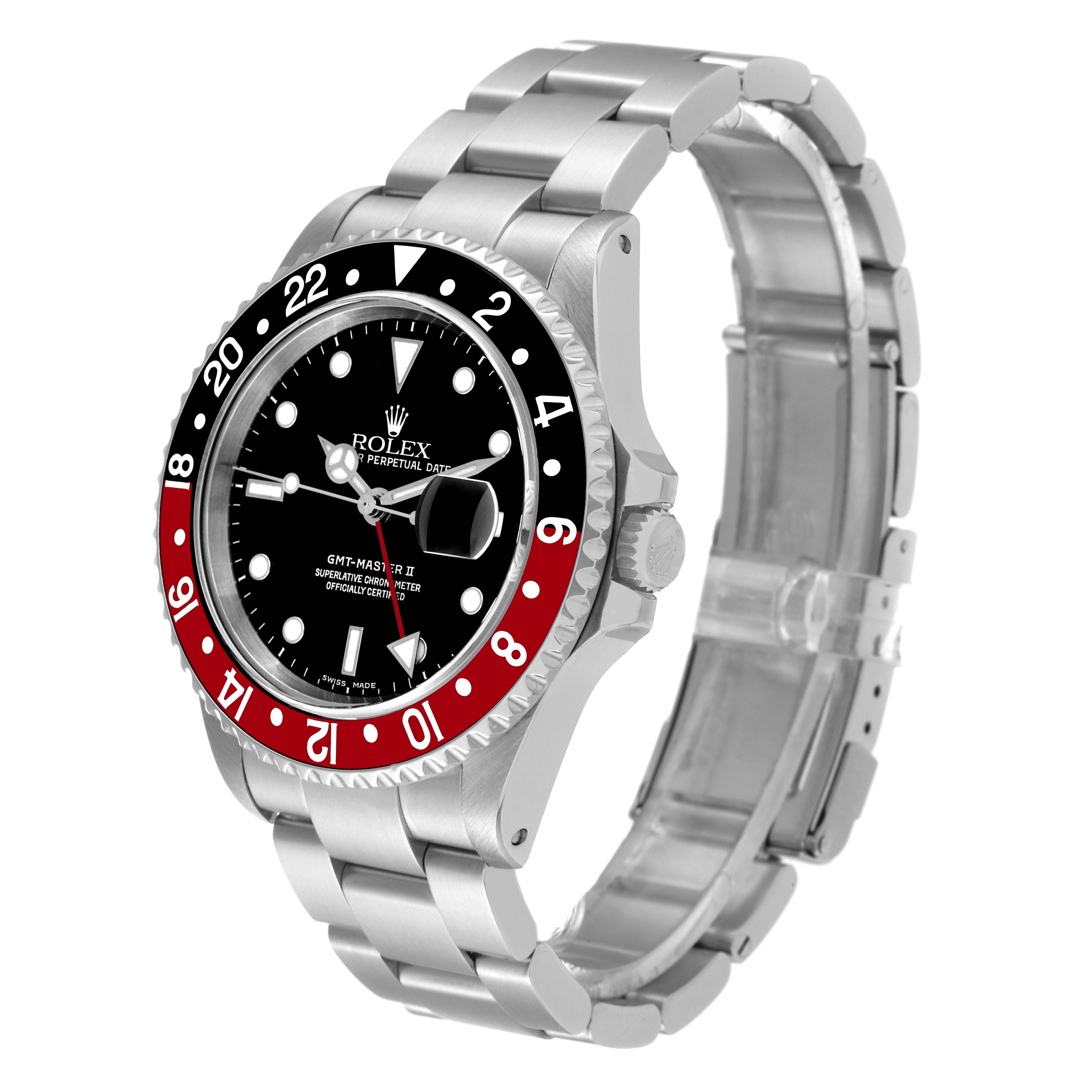 This image shows a Rolex GMT-Master 16710 Men
s Stainless Steel Black Dial 16710 Men
s Stainless Steel Black Dial II watch angled from the front-left, displaying the bezel, dial, hands, and bracelet.