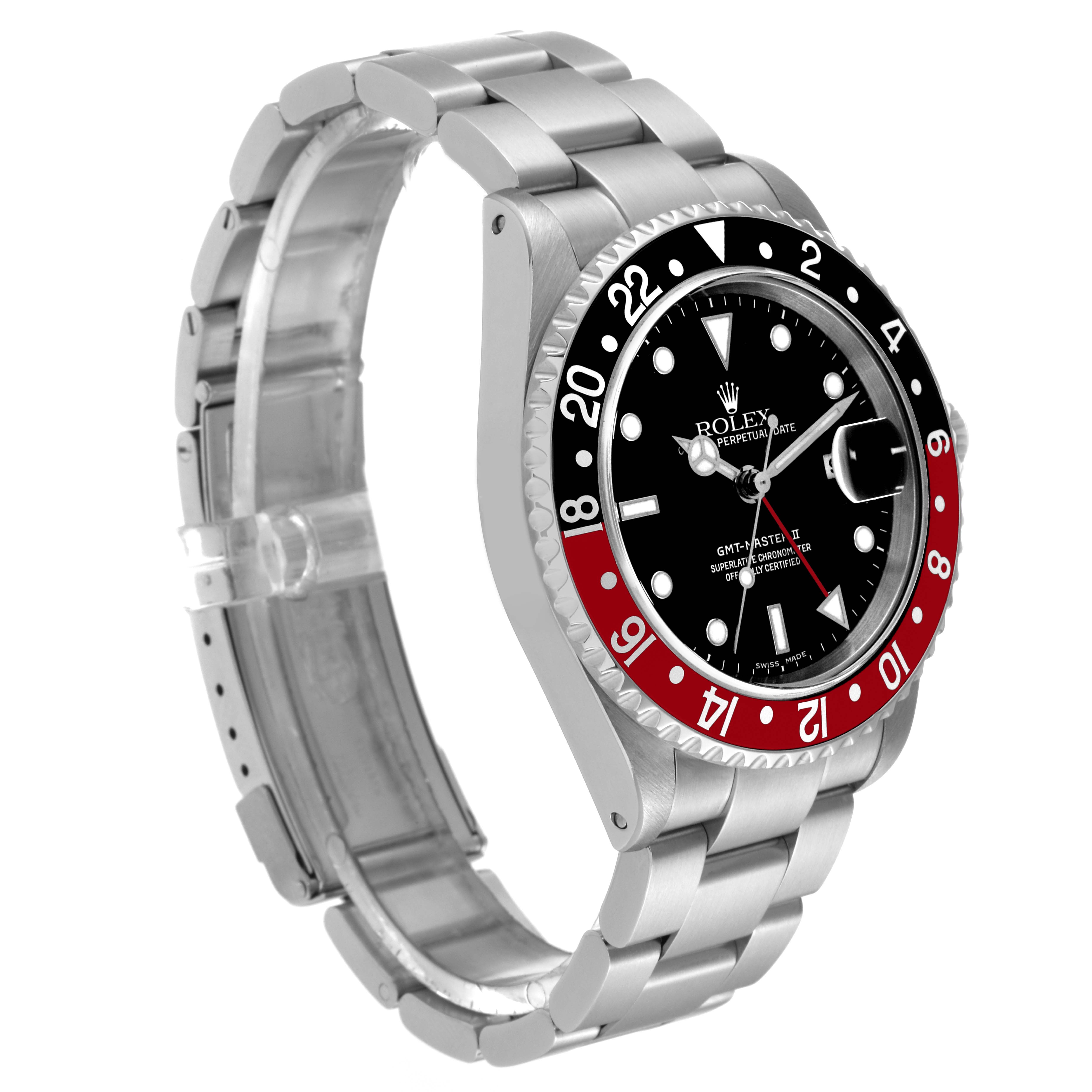 This image shows a Rolex GMT-Master 16710 Men
s Stainless Steel Black Dial 16710 Men
s Stainless Steel Black Dial watch at a three-quarter angle, highlighting the face, bezel, case, and bracelet.