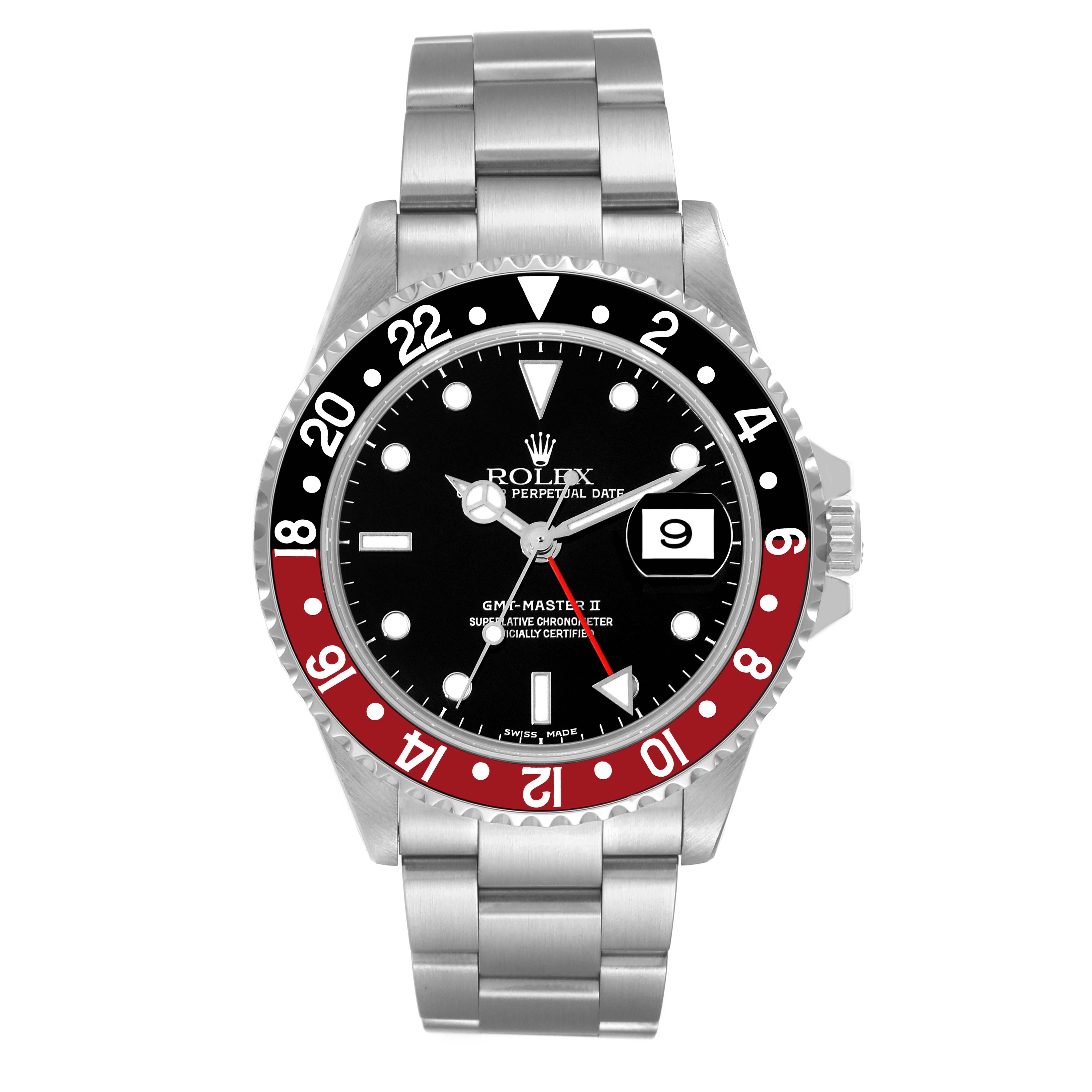 The image shows a Rolex GMT-Master 16710 Men
s Stainless Steel Black Dial 16710 Men
s Stainless Steel Black Dial II watch from a front angle, featuring a black and red bezel, black dial, and stainless steel bracelet.
