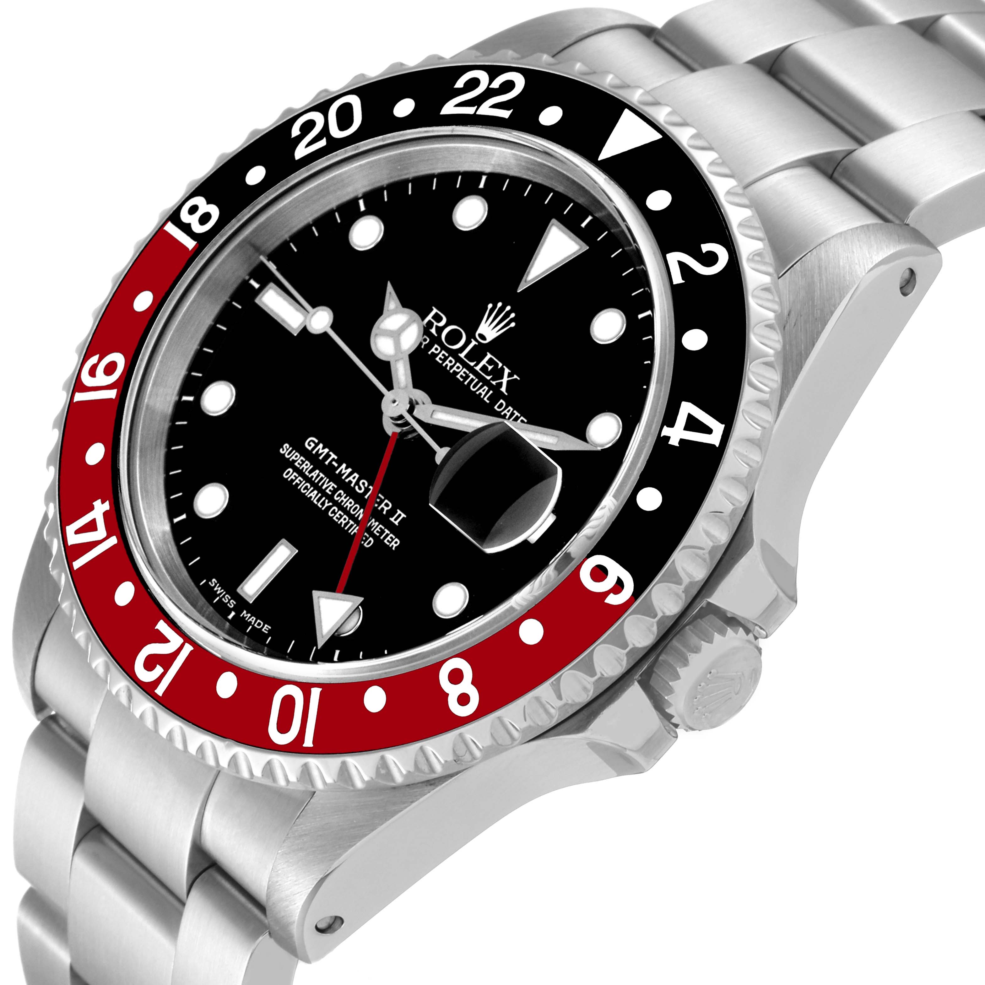 The image shows a side angle of a Rolex GMT-Master 16710 Men
s Stainless Steel Black Dial 16710 Men
s Stainless Steel Black Dial watch, highlighting the bezel, dial, and part of the bracelet.