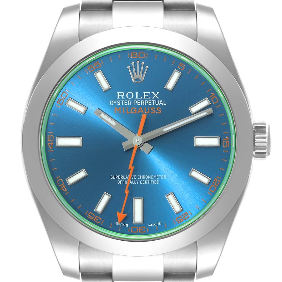 Rolex Milgauss Blue Dial Green Crystal Steel Mens Watch 116400GV Box Card SwissWatchExpo