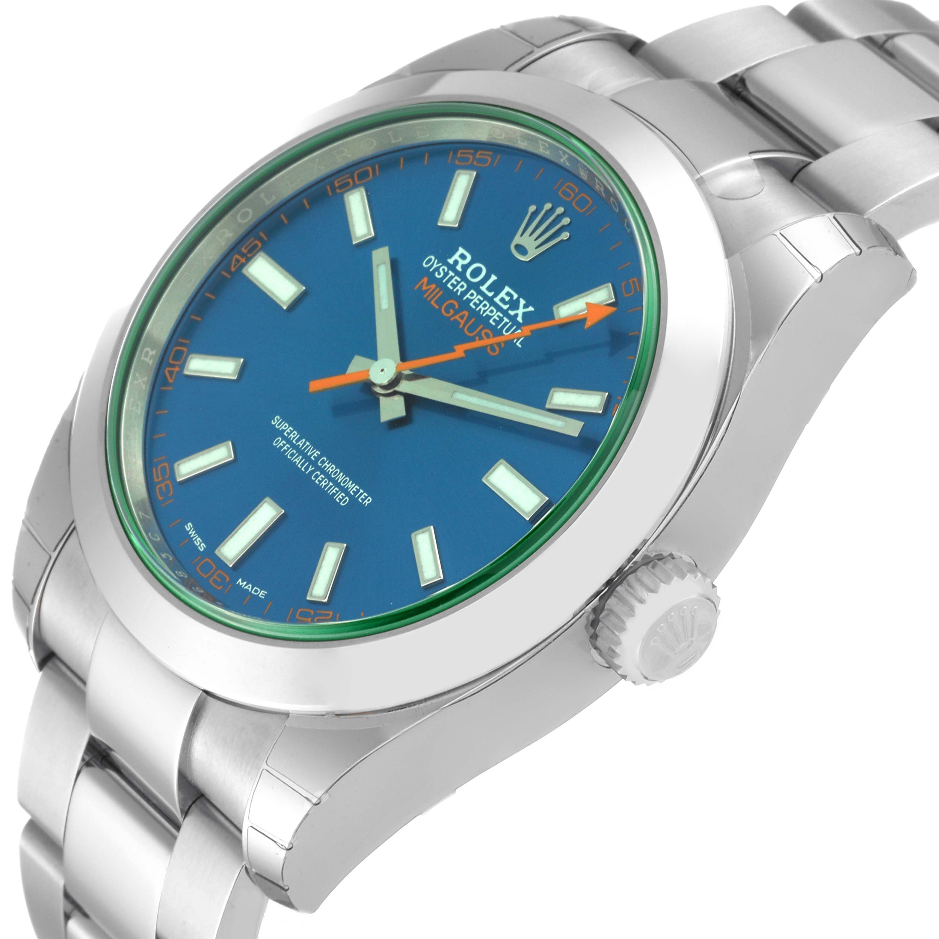 The image shows a close-up of the Rolex Milgauss 116400GV Men
s Stainless Steel Blue Dial 116400GV Men
s Stainless Steel Blue Dial watch at an angle, highlighting the blue face, hour markers, crown, and bracelet.