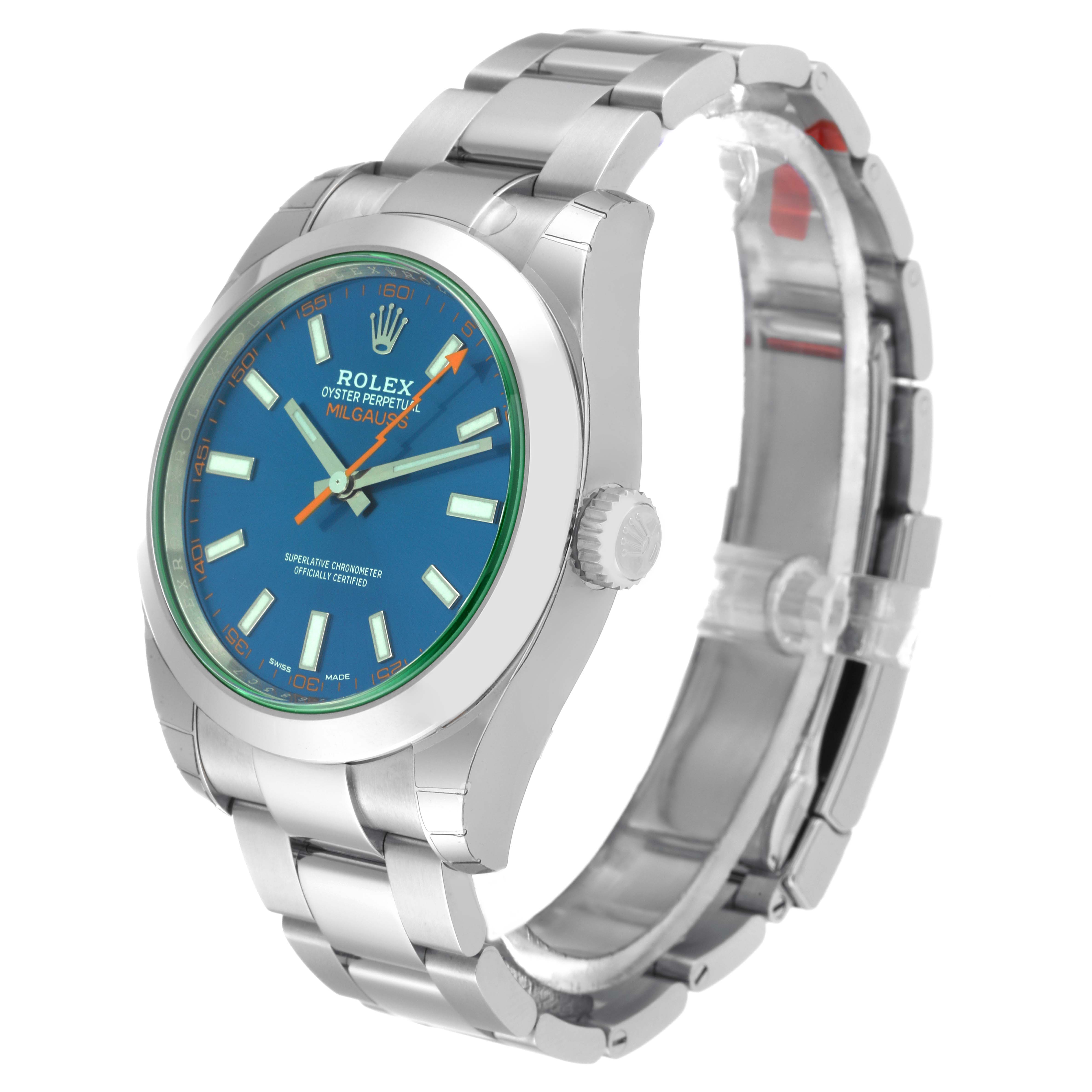 This image shows a Rolex Milgauss 116400GV Men
s Stainless Steel Blue Dial 116400GV Men
s Stainless Steel Blue Dial watch at an angle showcasing the face, case, crown, and bracelet.