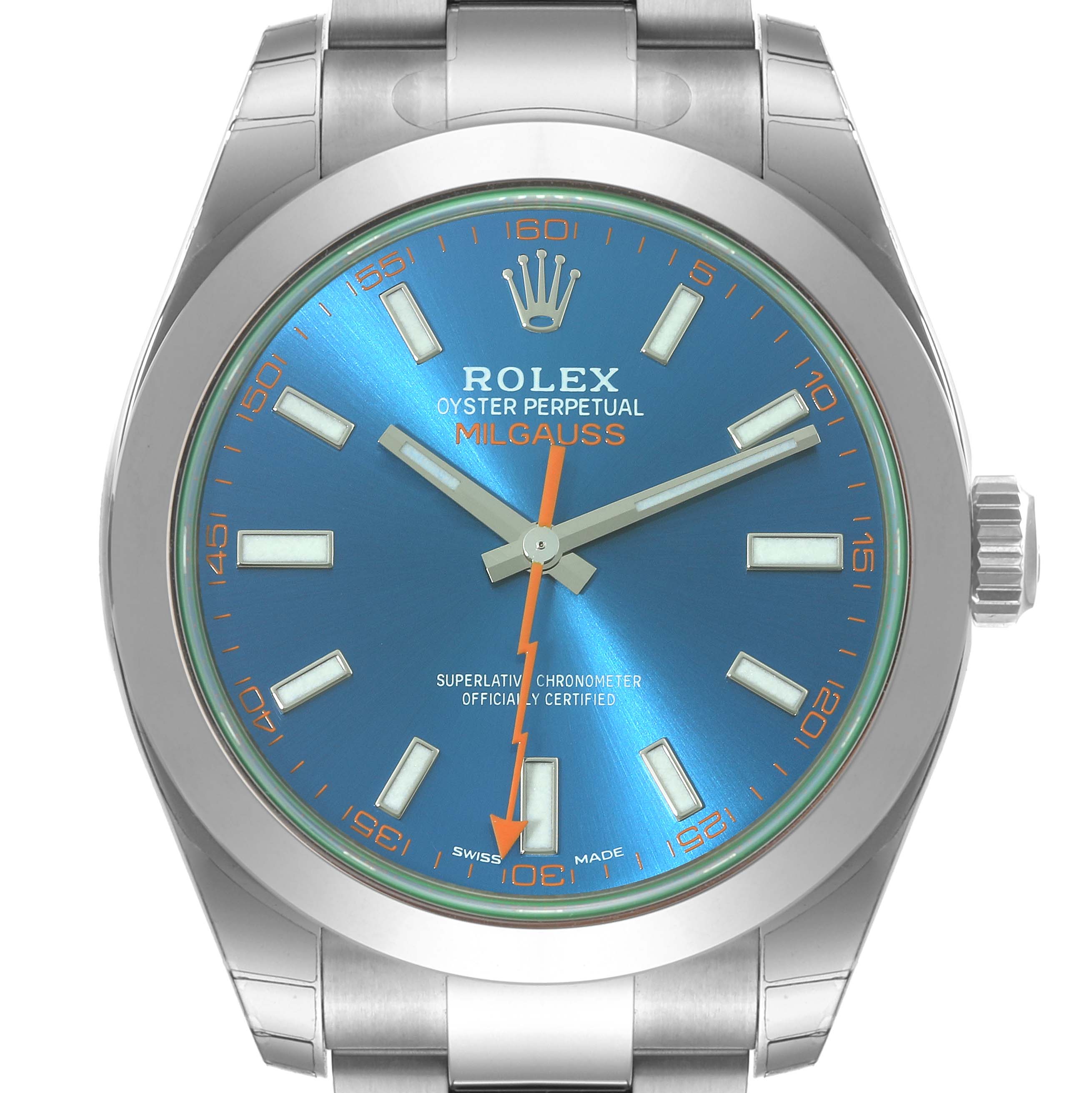 The image shows a close-up frontal view of the Rolex Milgauss 116400GV Men
s Stainless Steel Blue Dial 116400GV Men
s Stainless Steel Blue Dial watch, highlighting its blue dial, hands, and markers.