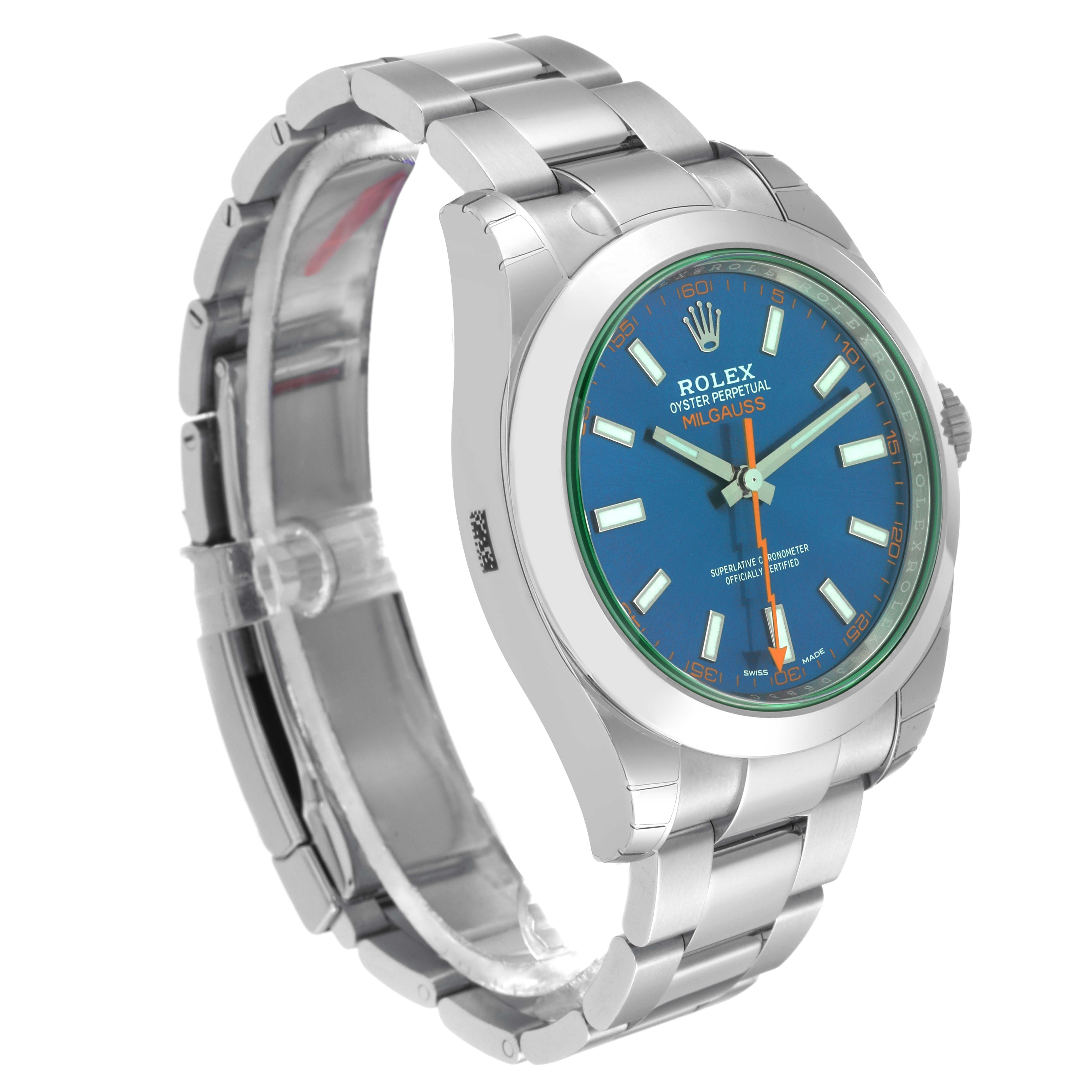 The image shows a side view angle of the Rolex Milgauss 116400GV Men
s Stainless Steel Blue Dial 116400GV Men
s Stainless Steel Blue Dial watch, highlighting its blue dial, stainless steel case, and bracelet.