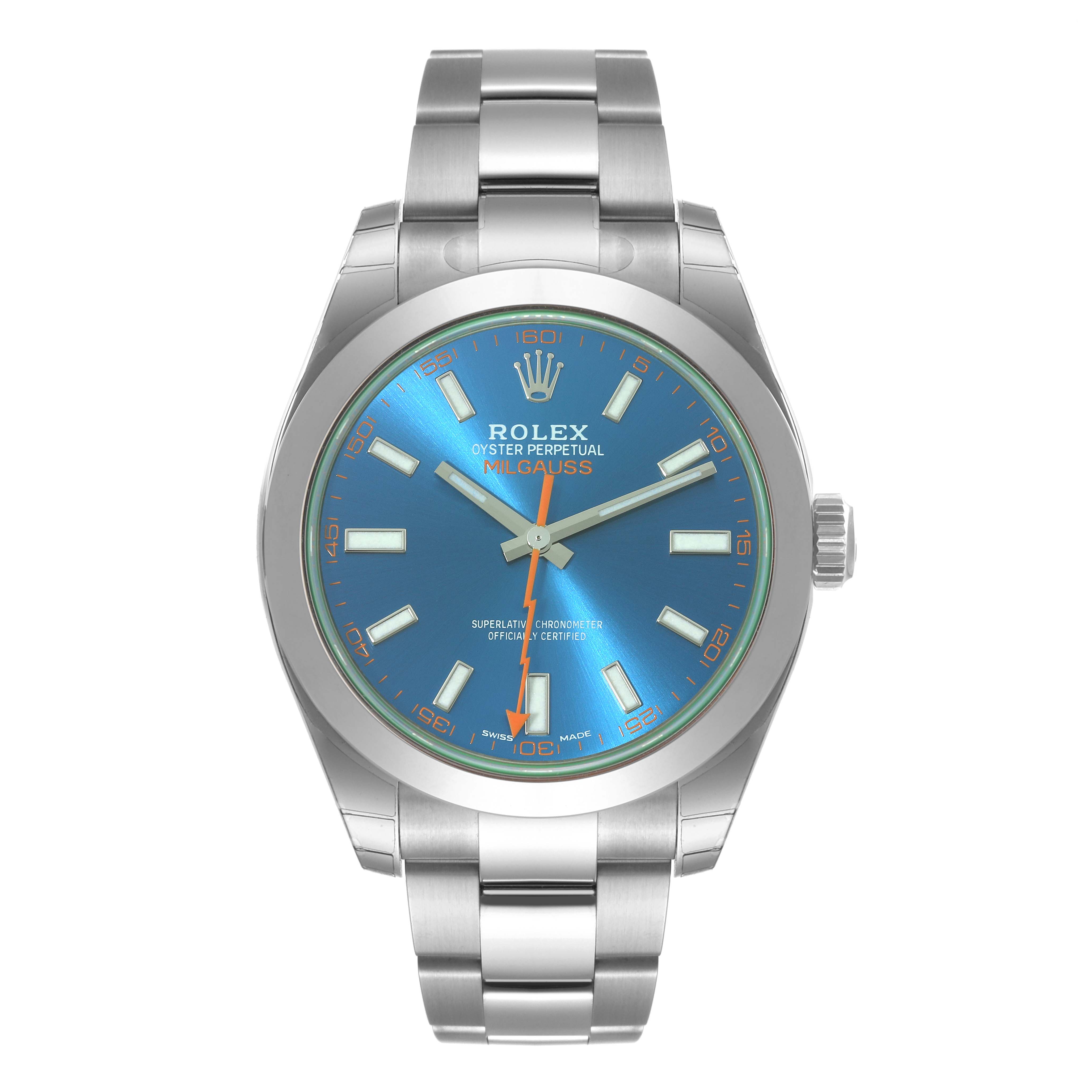 The image shows a front view of a Rolex Milgauss 116400GV Men
s Stainless Steel Blue Dial 116400GV Men
s Stainless Steel Blue Dial watch, displaying the dial, bezel, bracelet, and crown.