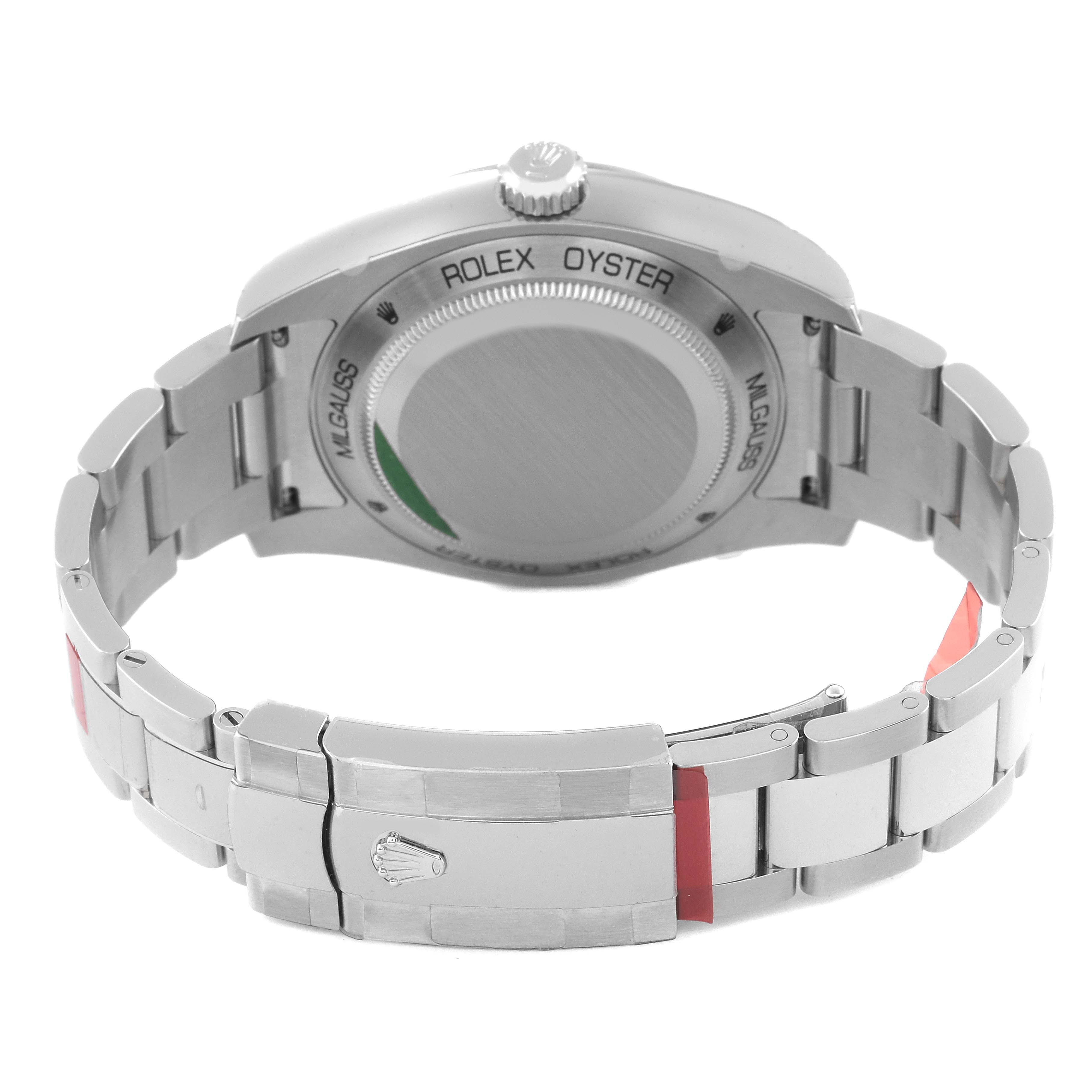 The image shows the back view of a Rolex Milgauss 116400GV Men
s Stainless Steel Blue Dial 116400GV Men
s Stainless Steel Blue Dial watch, highlighting its bracelet, clasp, and case back.