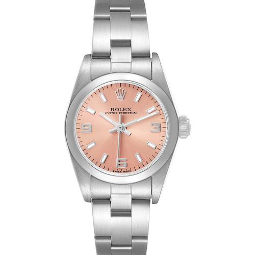 The Rolex Oyster Perpetual 76080 Men's Stainless Steel Pink Dial watch is shown from a front angle, highlighting the dial, bezel, and bracelet.