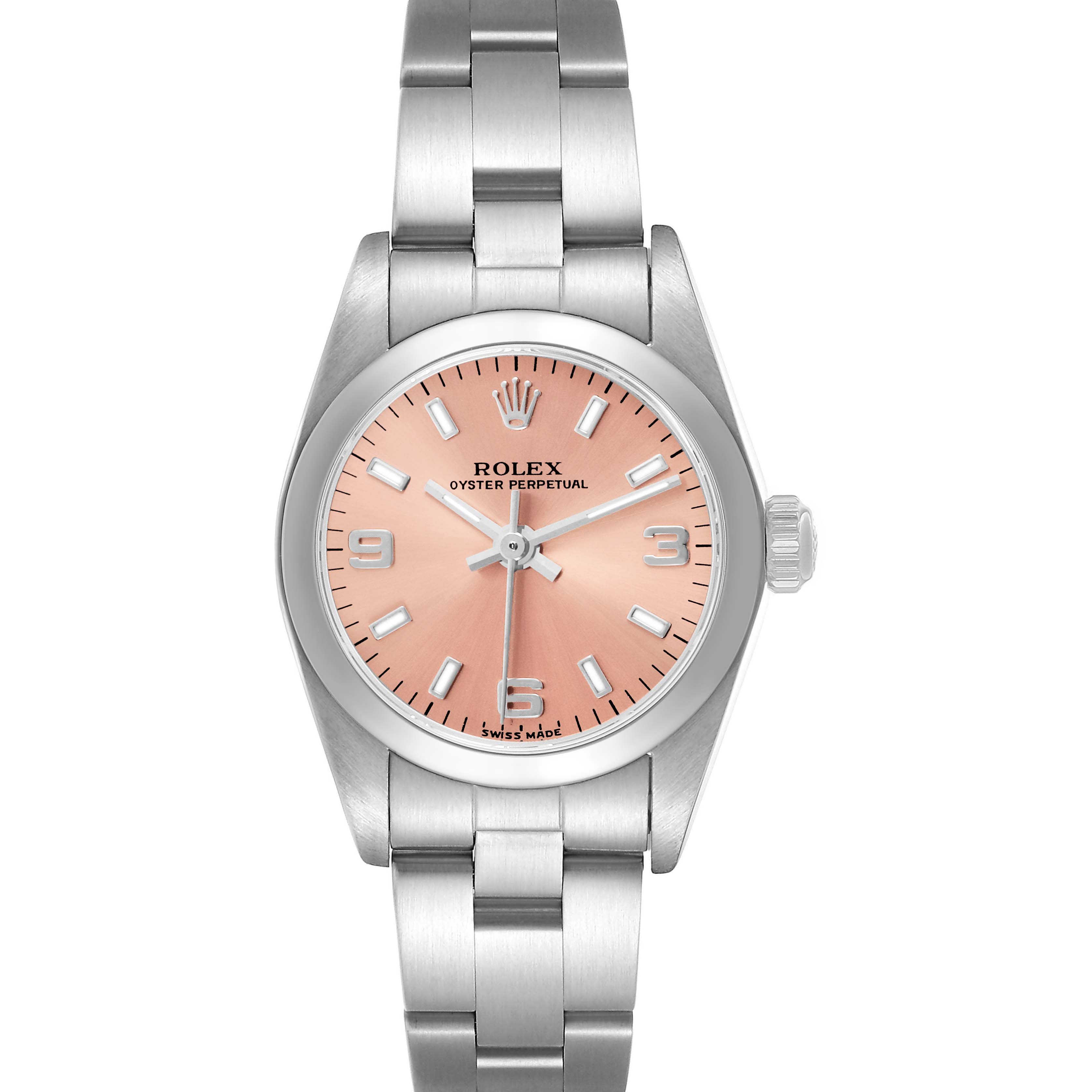 The Rolex Oyster Perpetual 76080 Men's Stainless Steel Pink Dial watch is shown in a front view, highlighting its dial, bezel, bracelet, and crown.