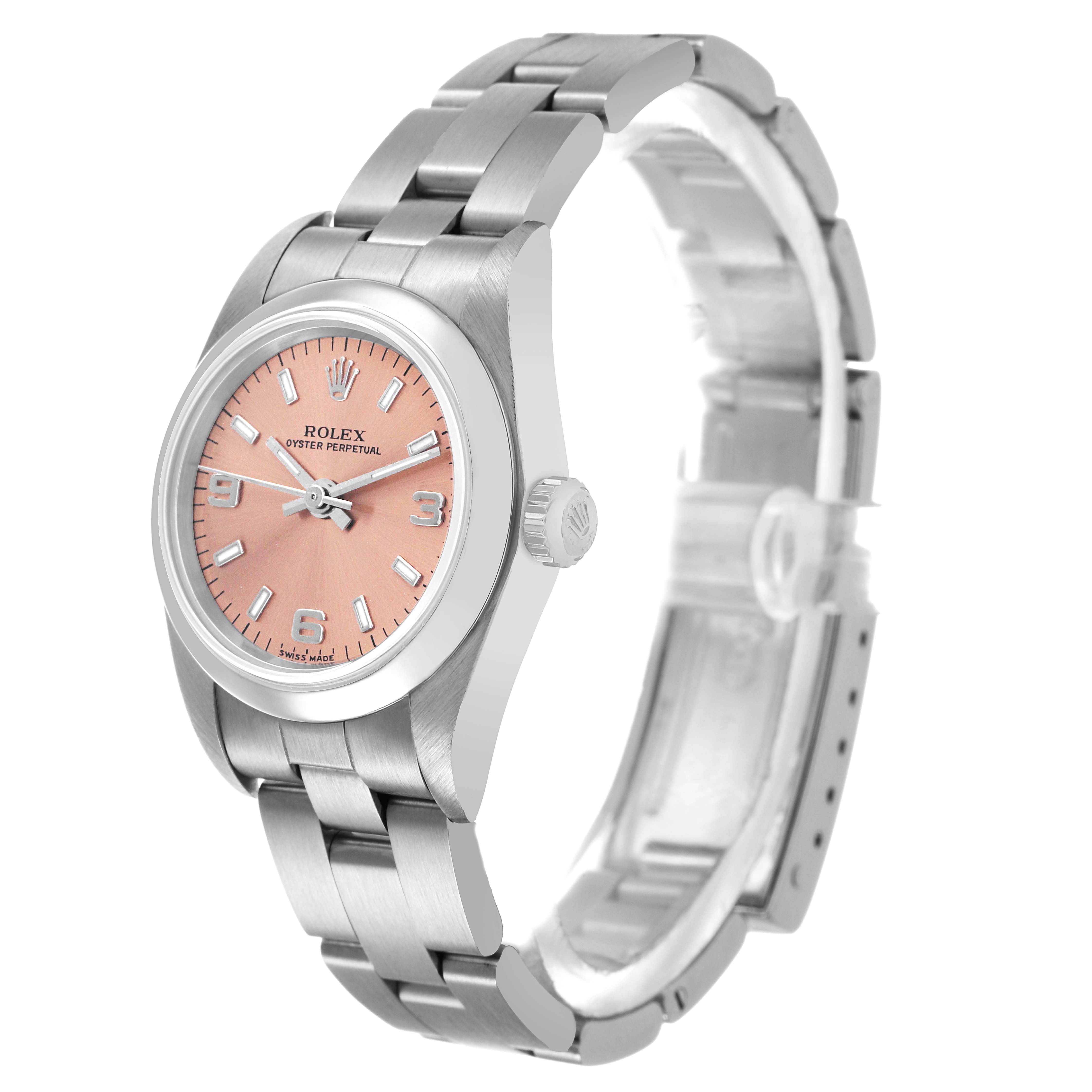 The Rolex Oyster Perpetual 76080 Men's Stainless Steel Pink Dial watch is shown at a three-quarter angle, highlighting the dial, case, crown, and bracelet.