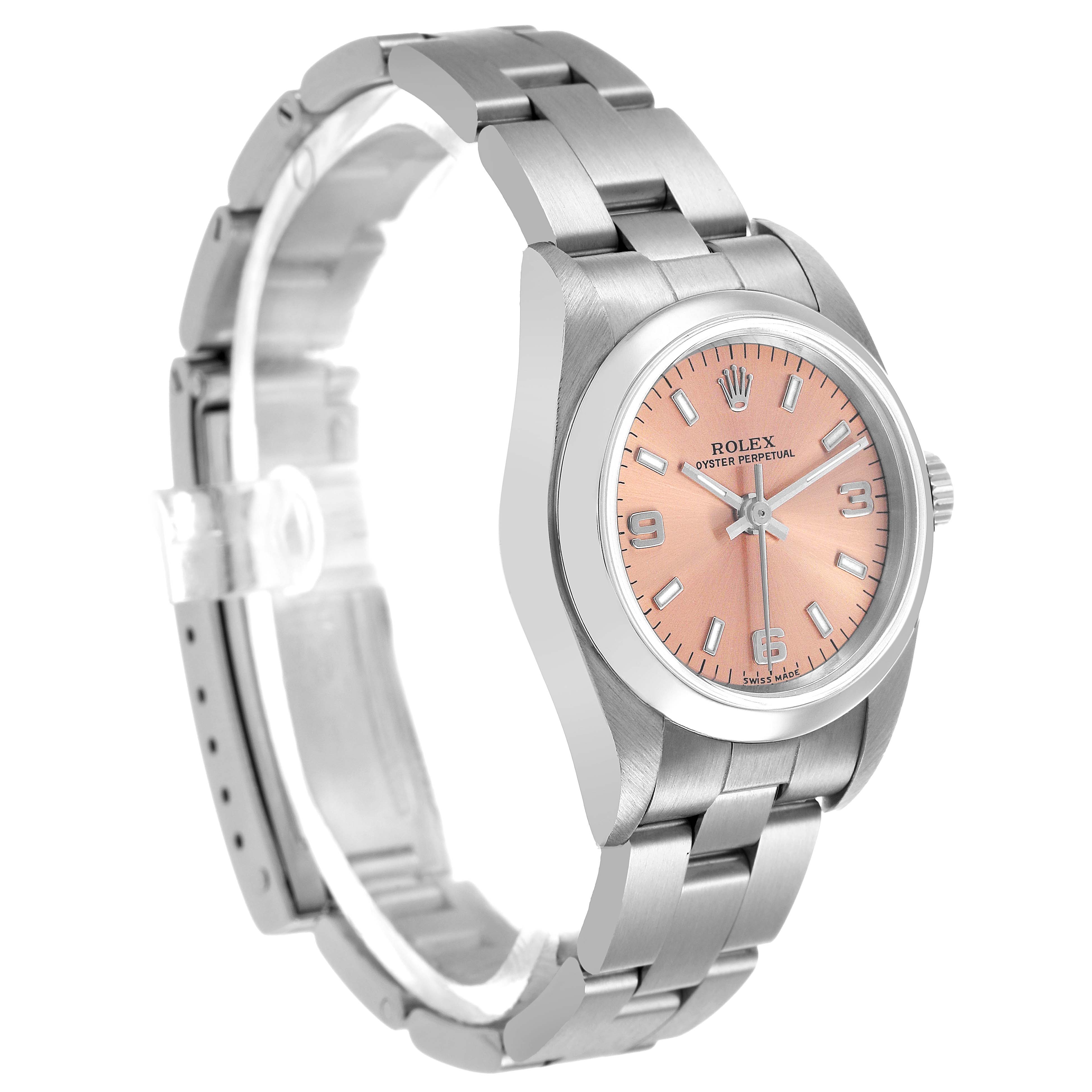 The Rolex Oyster Perpetual 76080 Men's Stainless Steel Pink Dial watch is shown at a three-quarter angle, highlighting its bracelet, case, and dial.