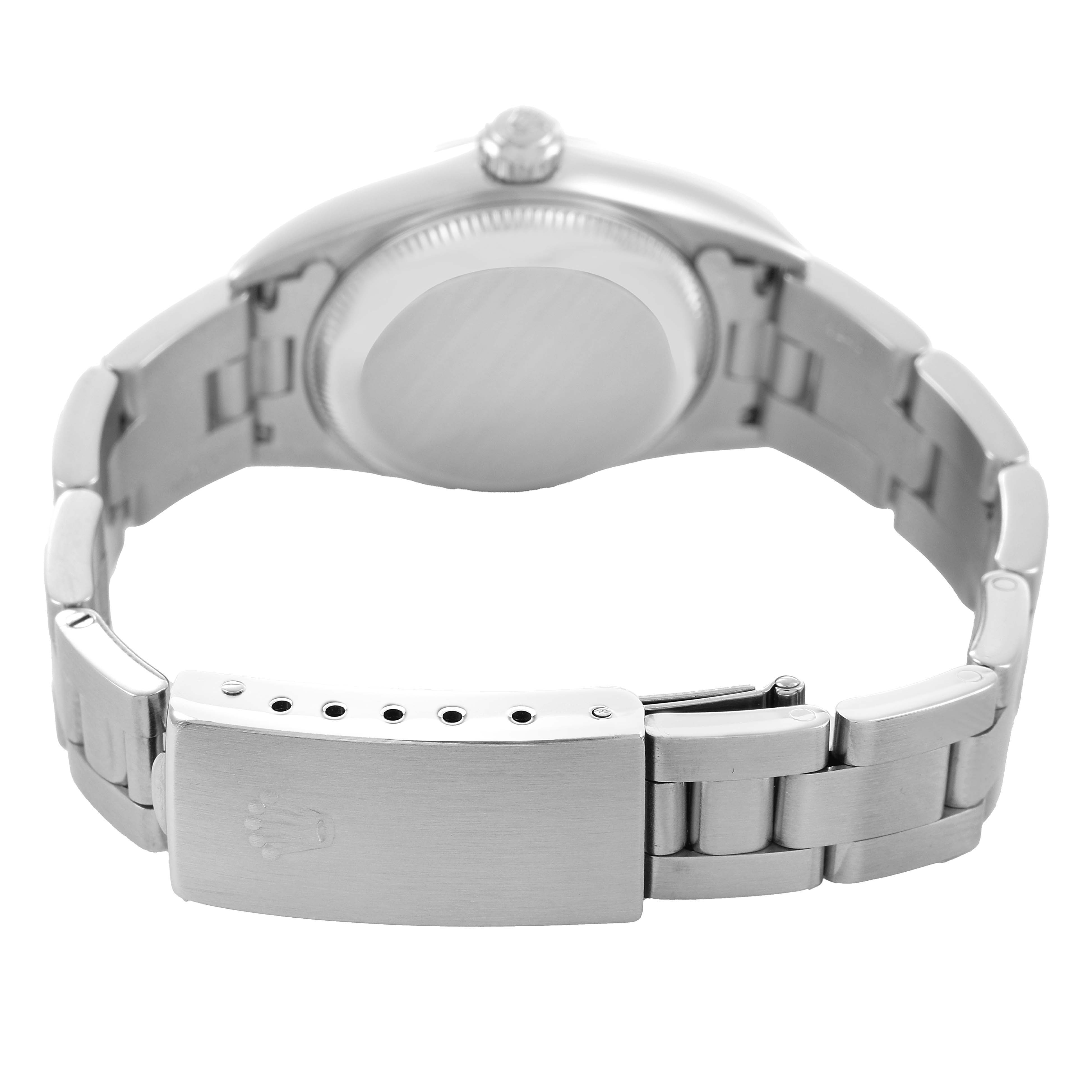 The Rolex Oyster Perpetual 76080 Men's Stainless Steel Pink Dial watch is shown from the back, highlighting the bracelet and clasp.