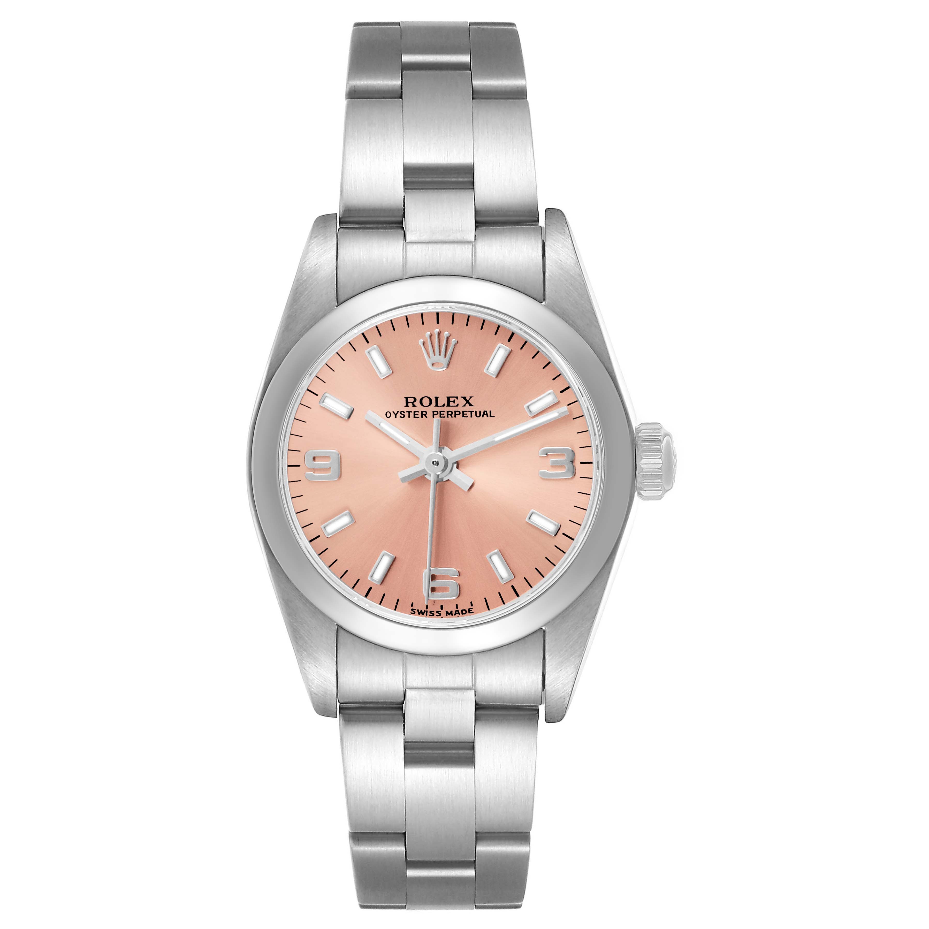 The Rolex Oyster Perpetual 76080 Men's Stainless Steel Pink Dial watch is shown from the front, displaying its pink dial, stainless steel case, and bracelet.