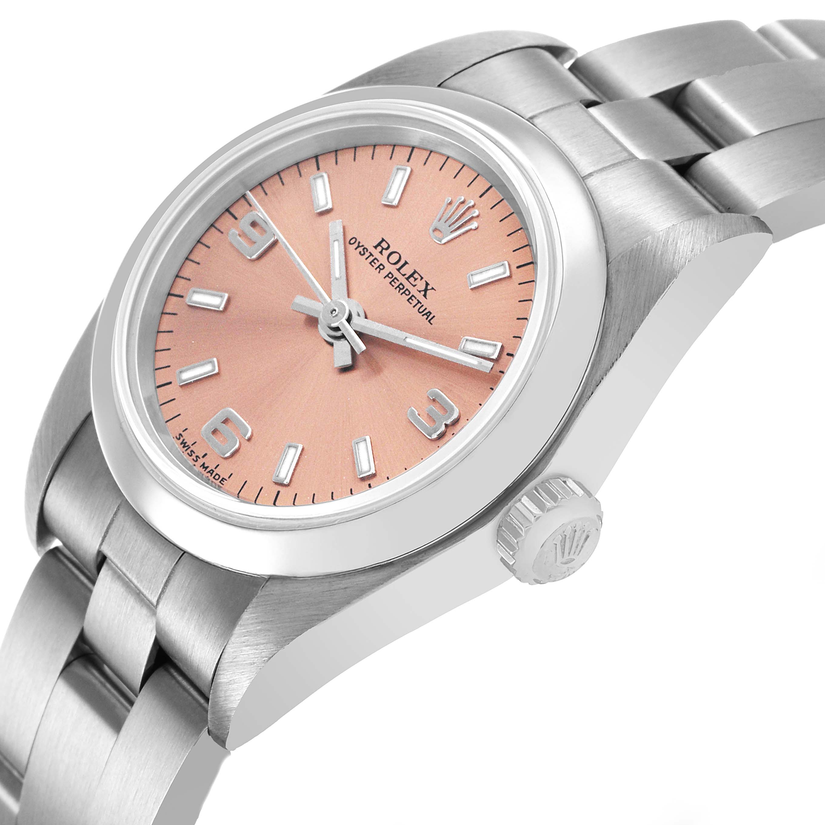 The Rolex Oyster Perpetual 76080 Men's Stainless Steel Pink Dial watch is shown at a slight angle, highlighting the dial, case, crown, and part of the bracelet.