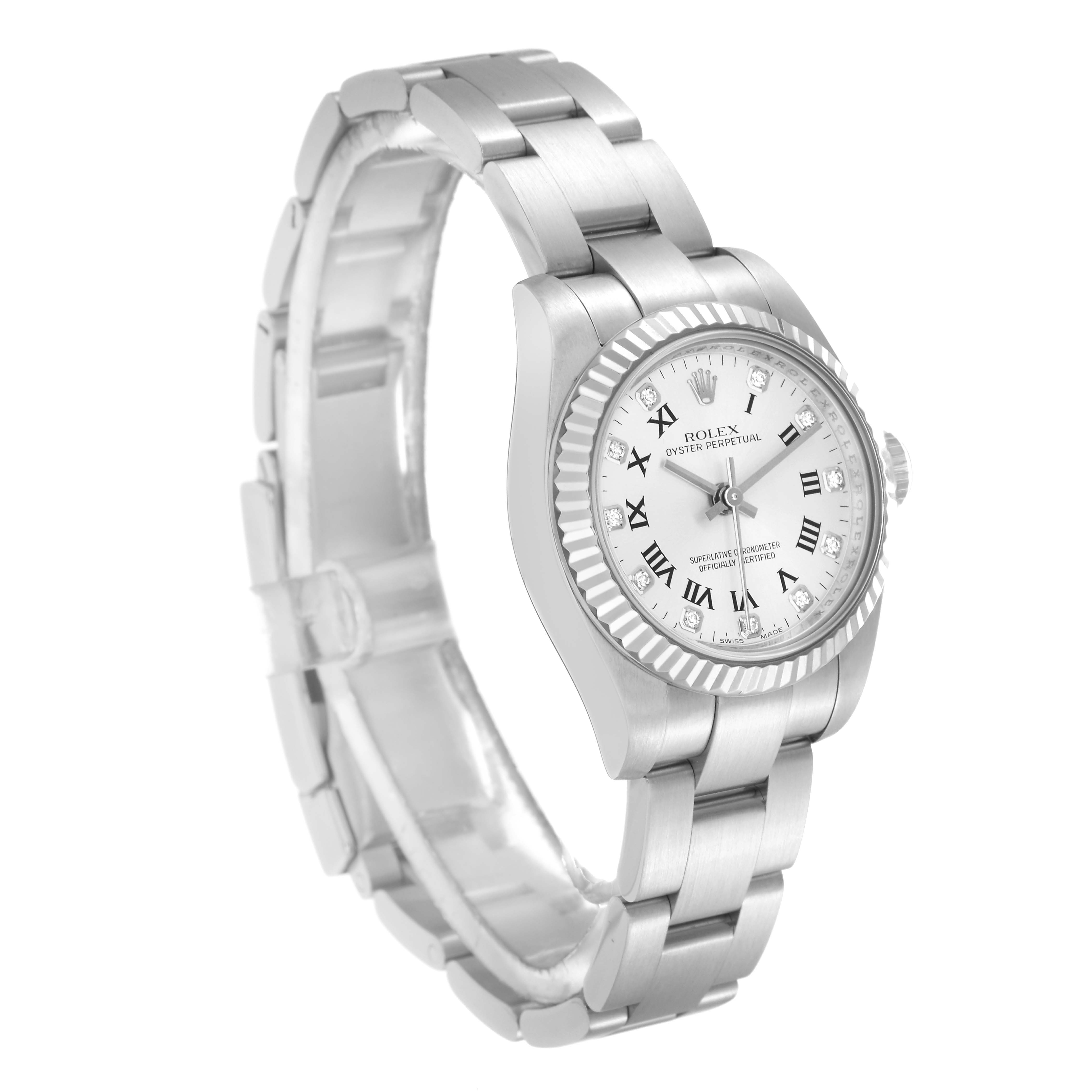 The Rolex Oyster Perpetual model 176234 is shown at a three-quarter angle, highlighting the watch face, bezel, and part of the bracelet.