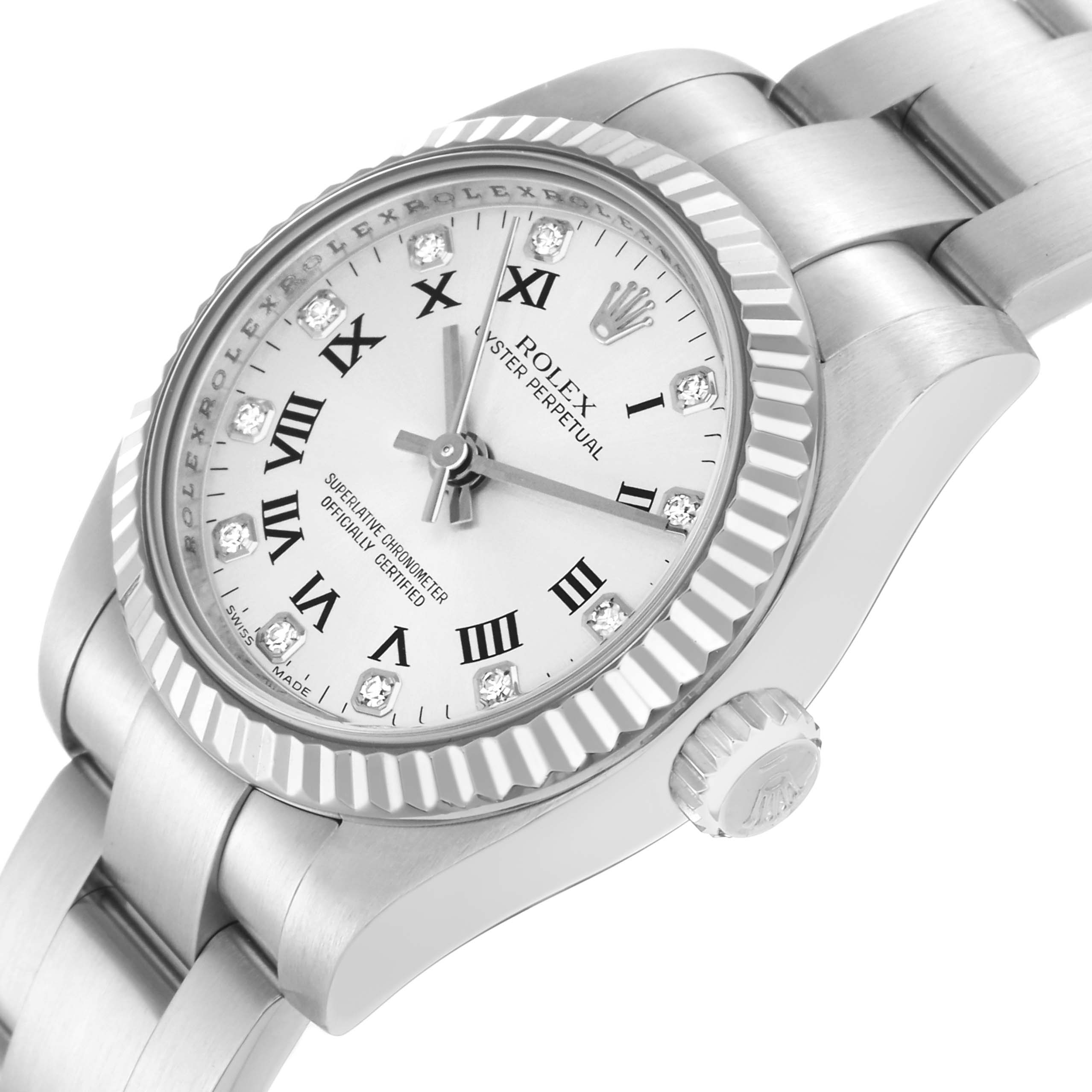 The image shows a Rolex Oyster Perpetual model 176234 at an angled view, highlighting the watch face, bezel, crown, and part of the bracelet.
