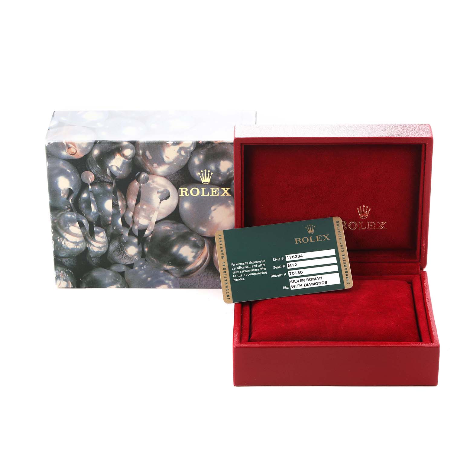 The image shows a presentation box for a Rolex Oyster Perpetual, model number 176234, with an accompanying certificate card, angled to display the interior.