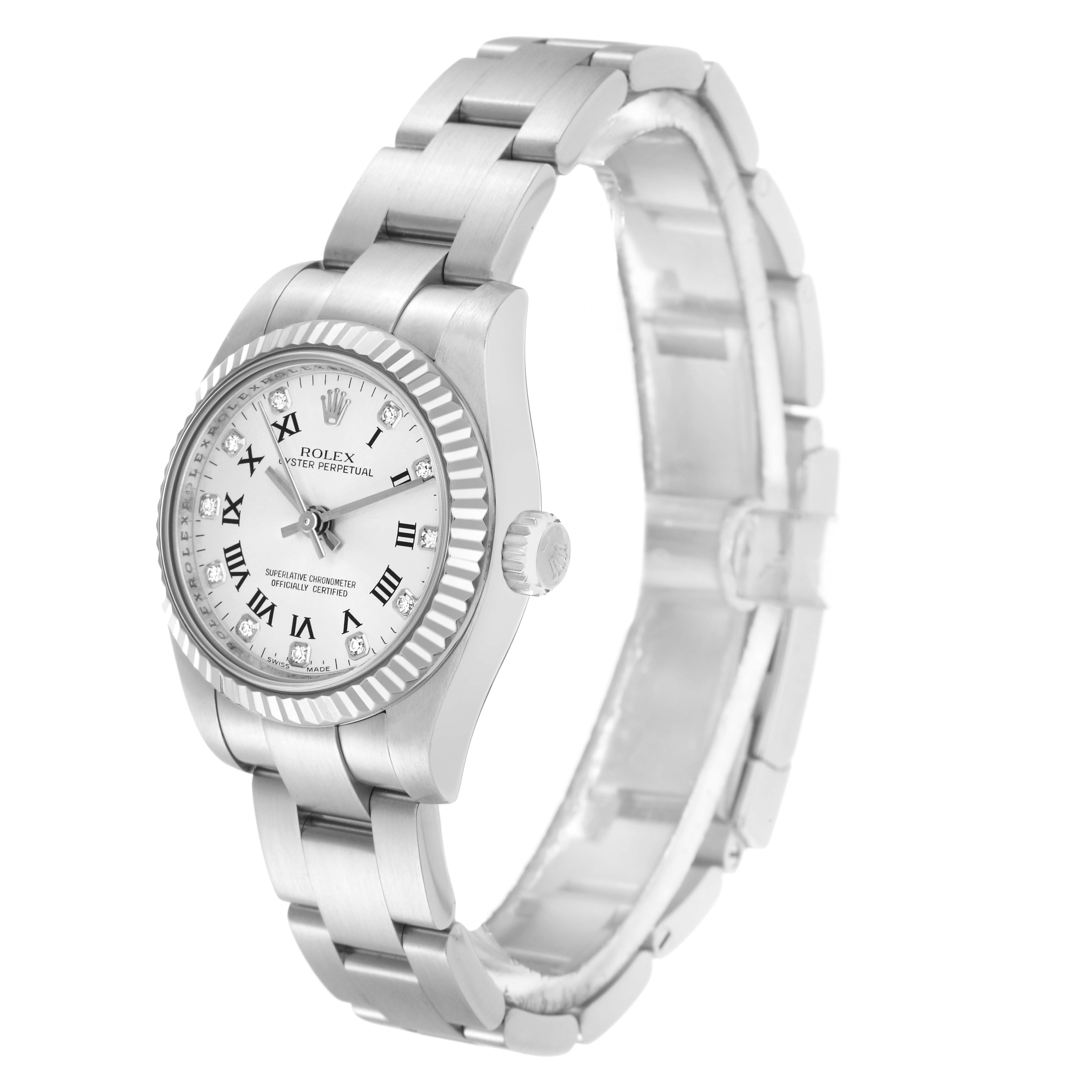 The Rolex Oyster Perpetual model 176234 is shown at an angled side view, highlighting the bracelet, case, fluted bezel, dial, and crown.