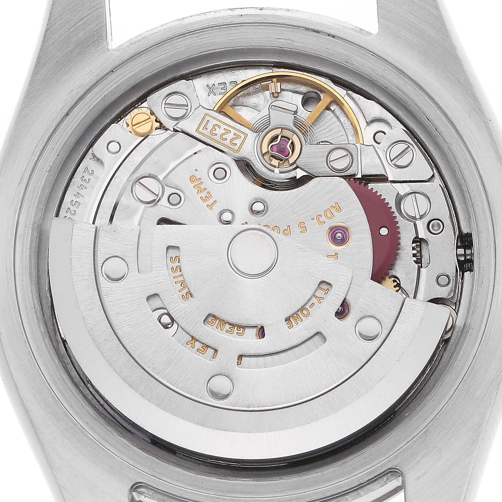 The image shows the internal mechanism of a Rolex Oyster Perpetual watch, model number 176234, with visible gears, rotor, and movement parts from the back.