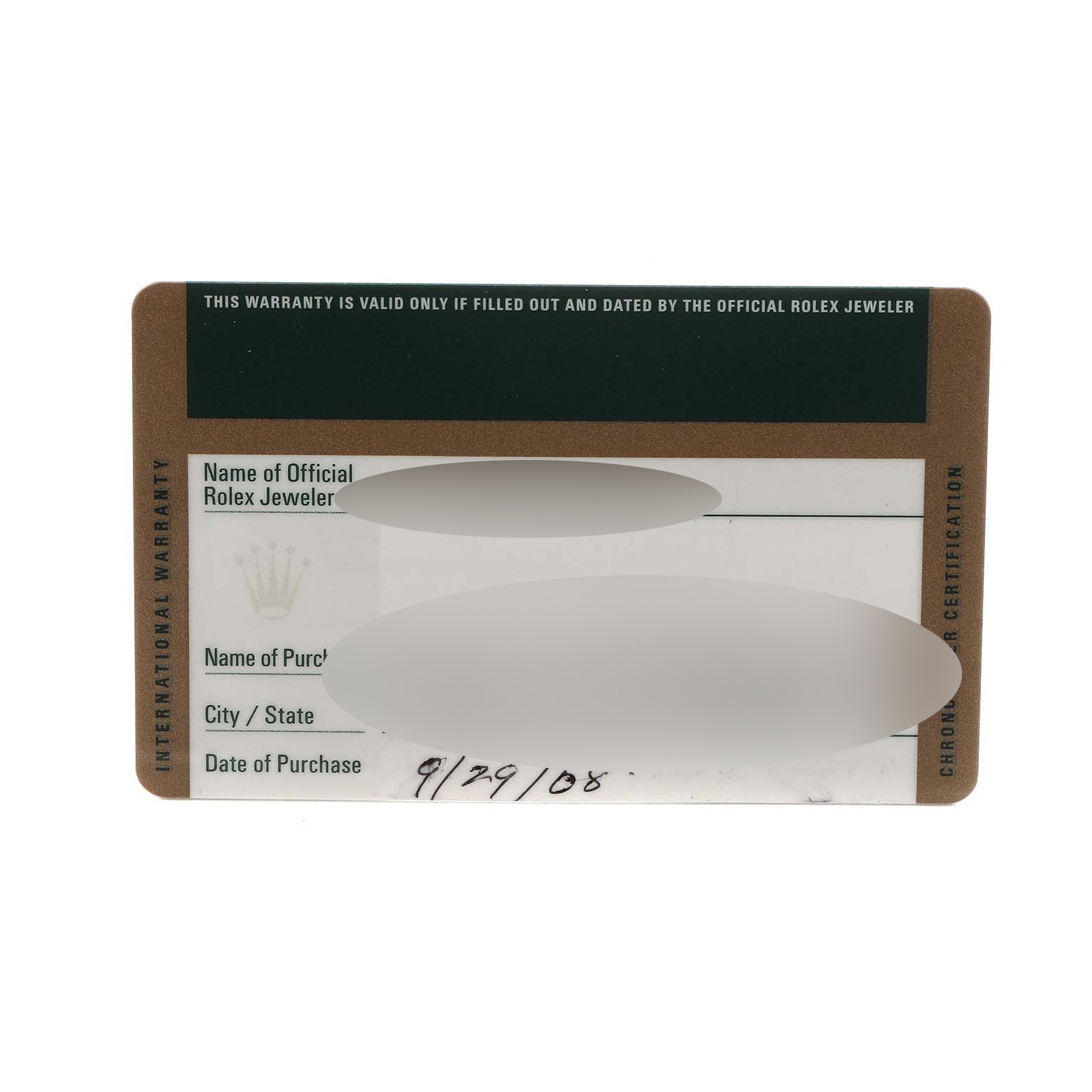 The image shows a warranty card for a Rolex Oyster Perpetual model, model number 176234, displaying purchase details and a date.