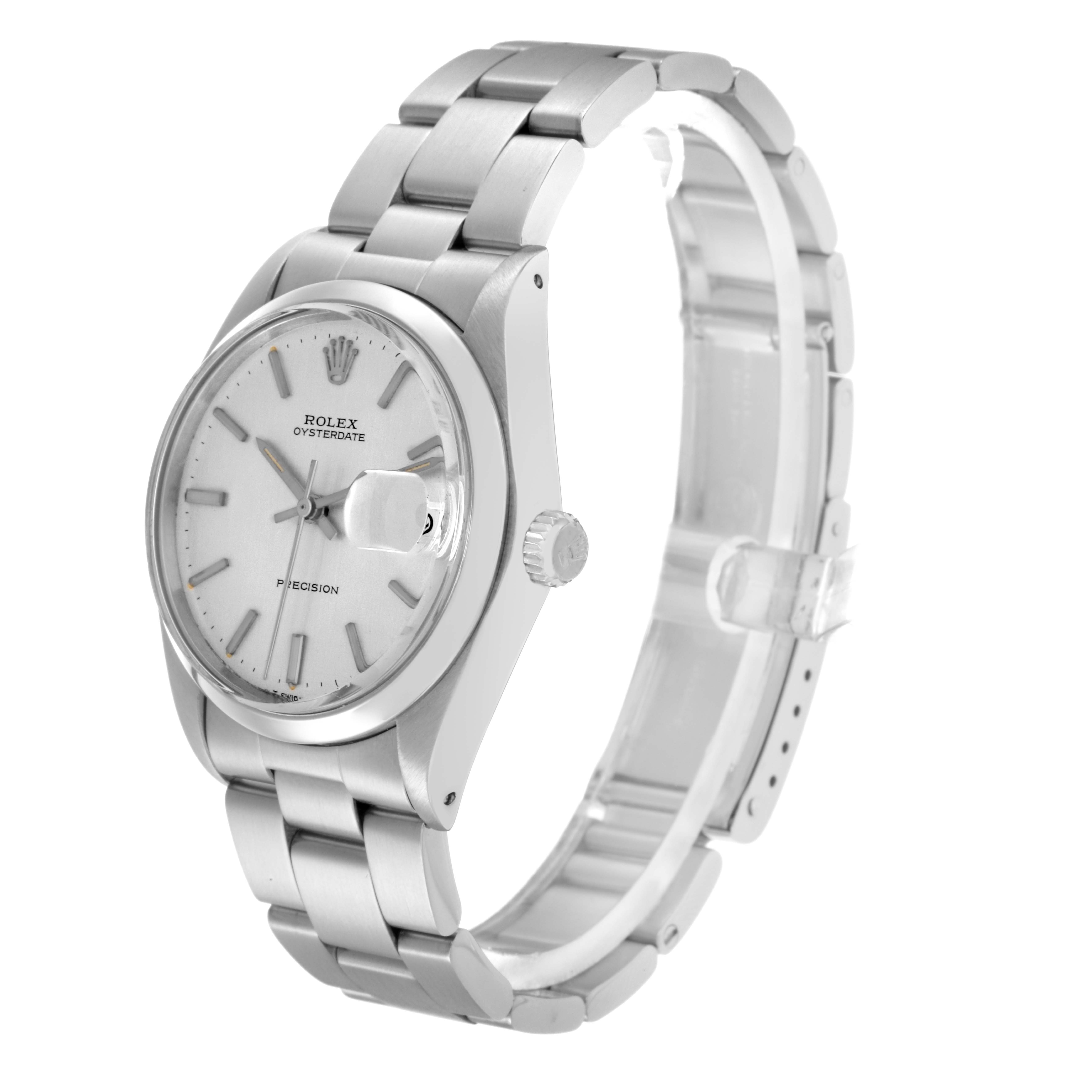 The Rolex Date model 6694 men's watch is shown at a three-quarter angle, highlighting its dial, bezel, crown, and bracelet.