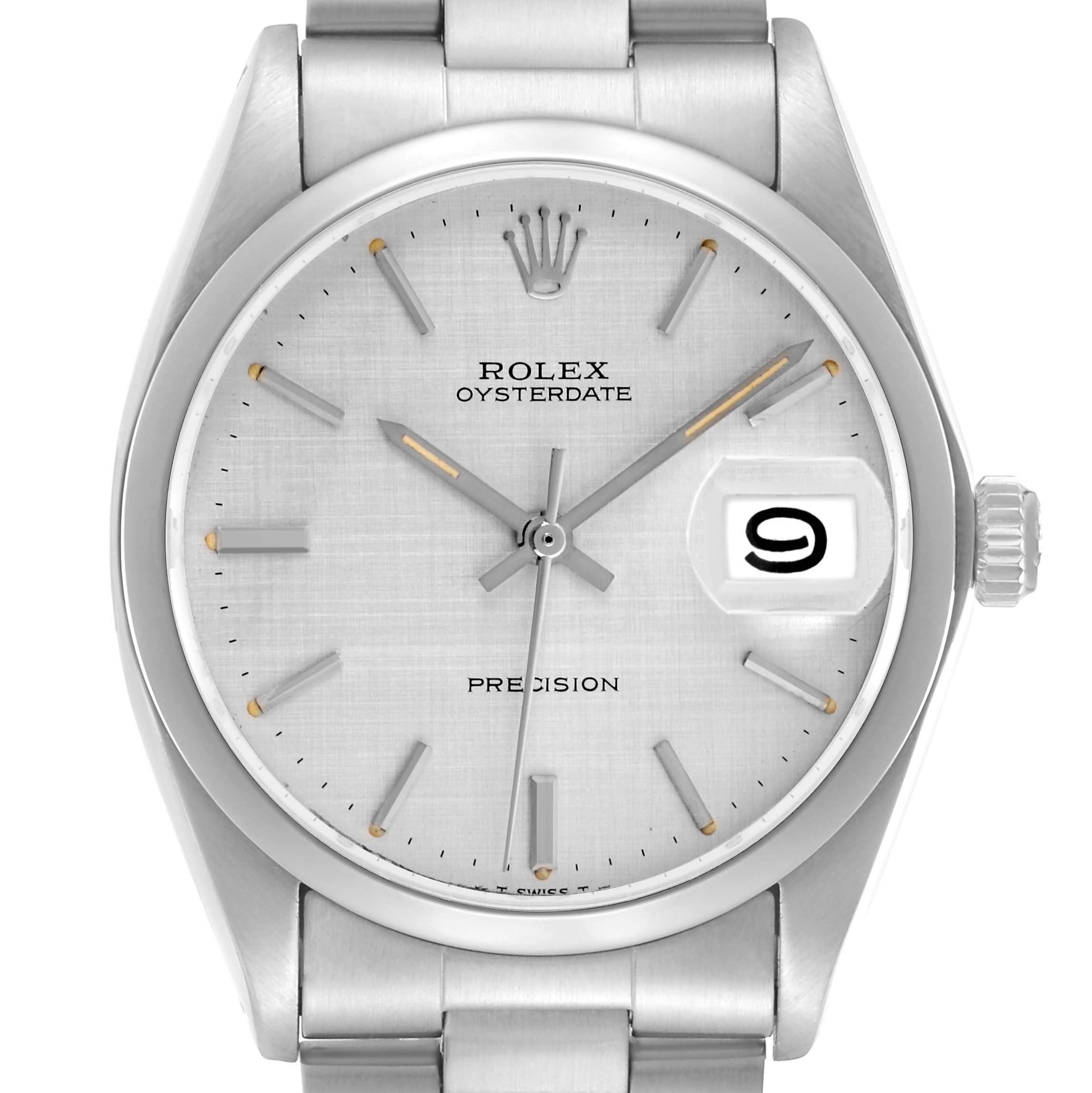 The Rolex Oysterdate Precision, model number 6694, is shown from a front angle displaying its dial, cyclops lens date window, and part of the bracelet.