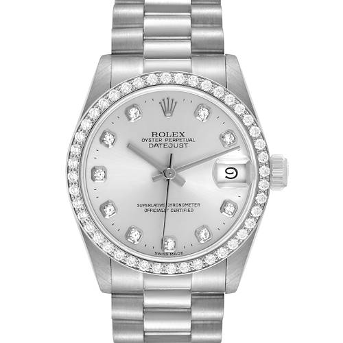 The Rolex President 68289 Women's White Gold Silver Dial model is shown from the front, displaying the face, bezel, bracelet, and lug.