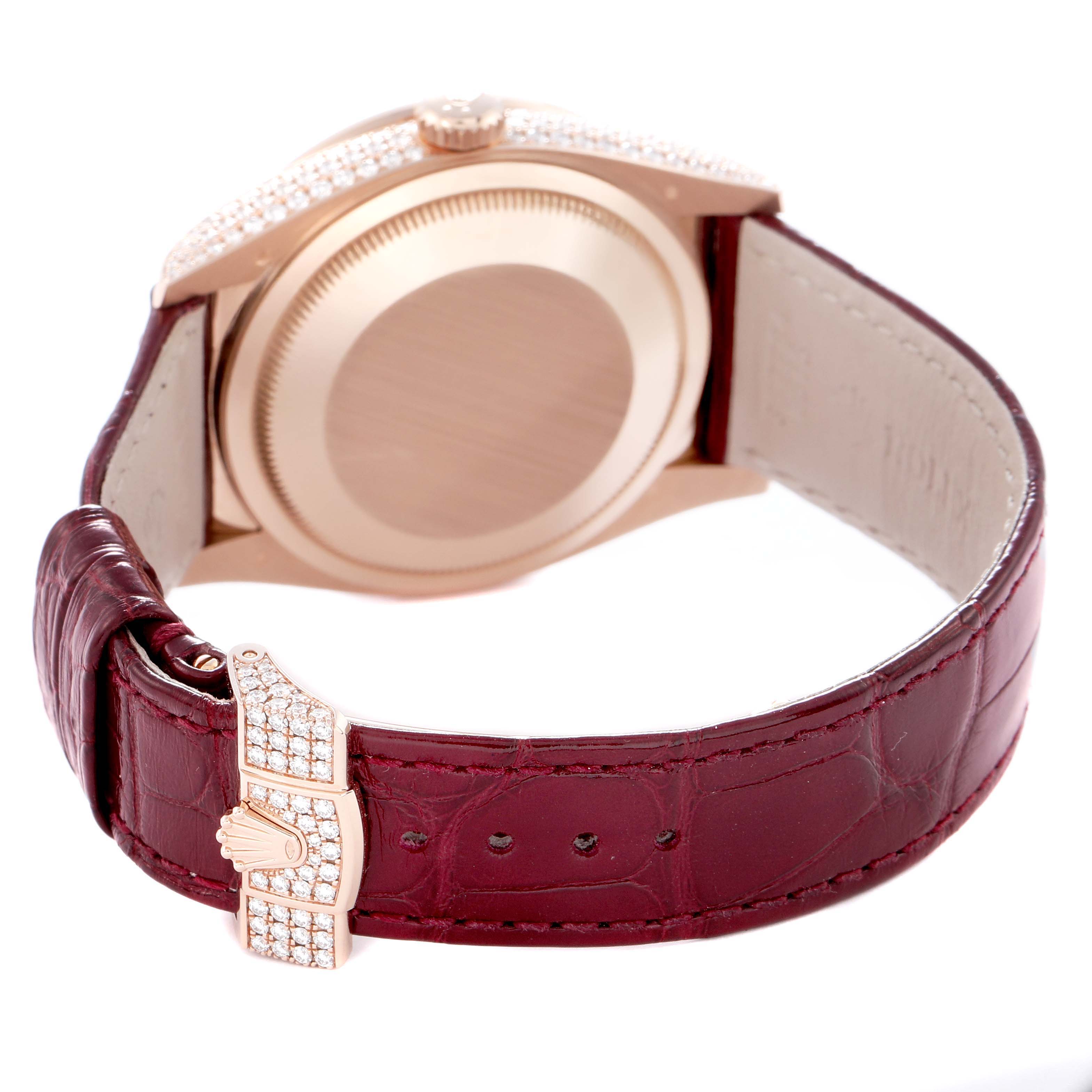 The image shows the back and side of the Rolex Datejust model 128155RBR, highlighting the case, decorative clasp, and burgundy strap.