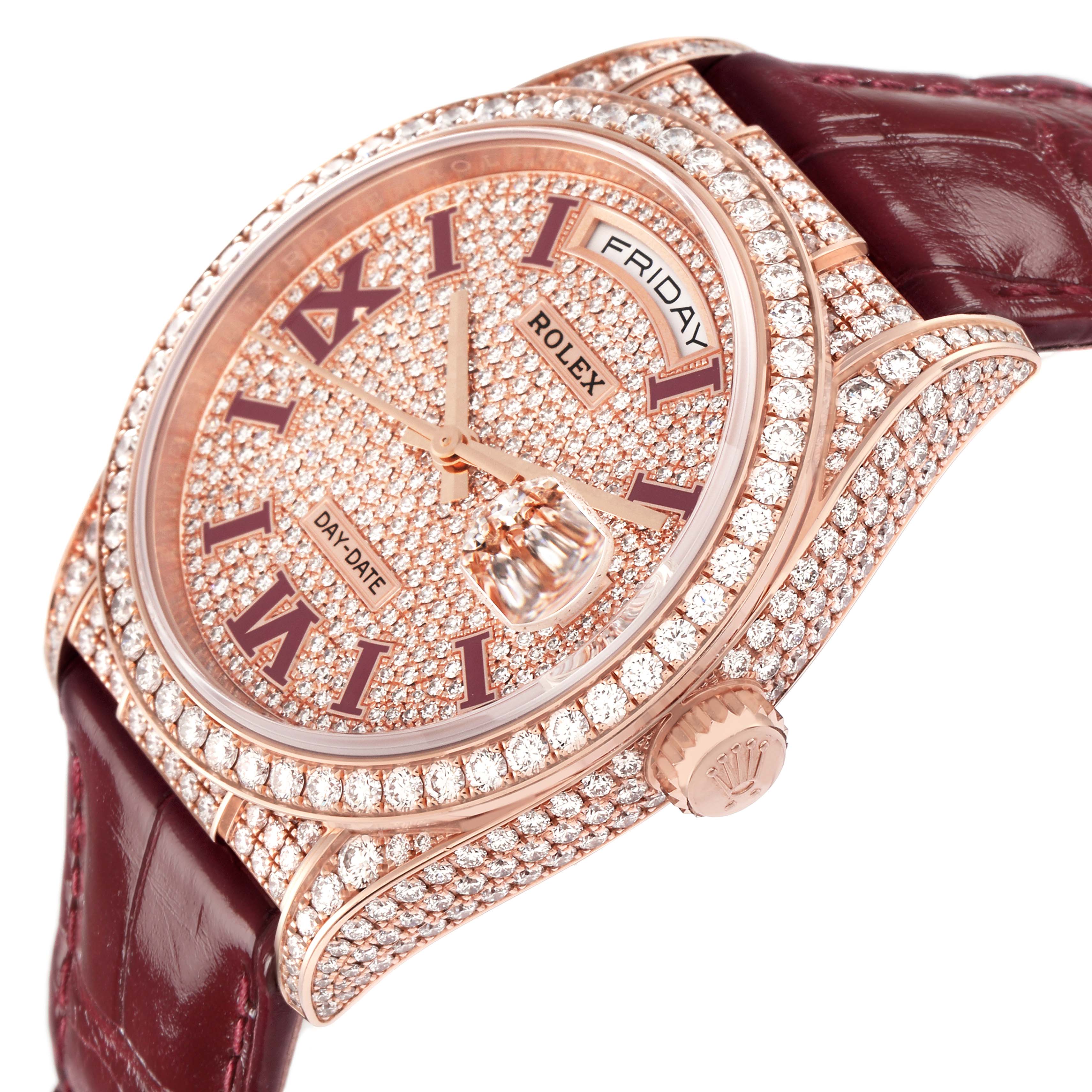 The image shows a Rolex Datejust model 128155RBR at an angled view, highlighting its diamond-encrusted bezel, dial, and rich red leather strap.