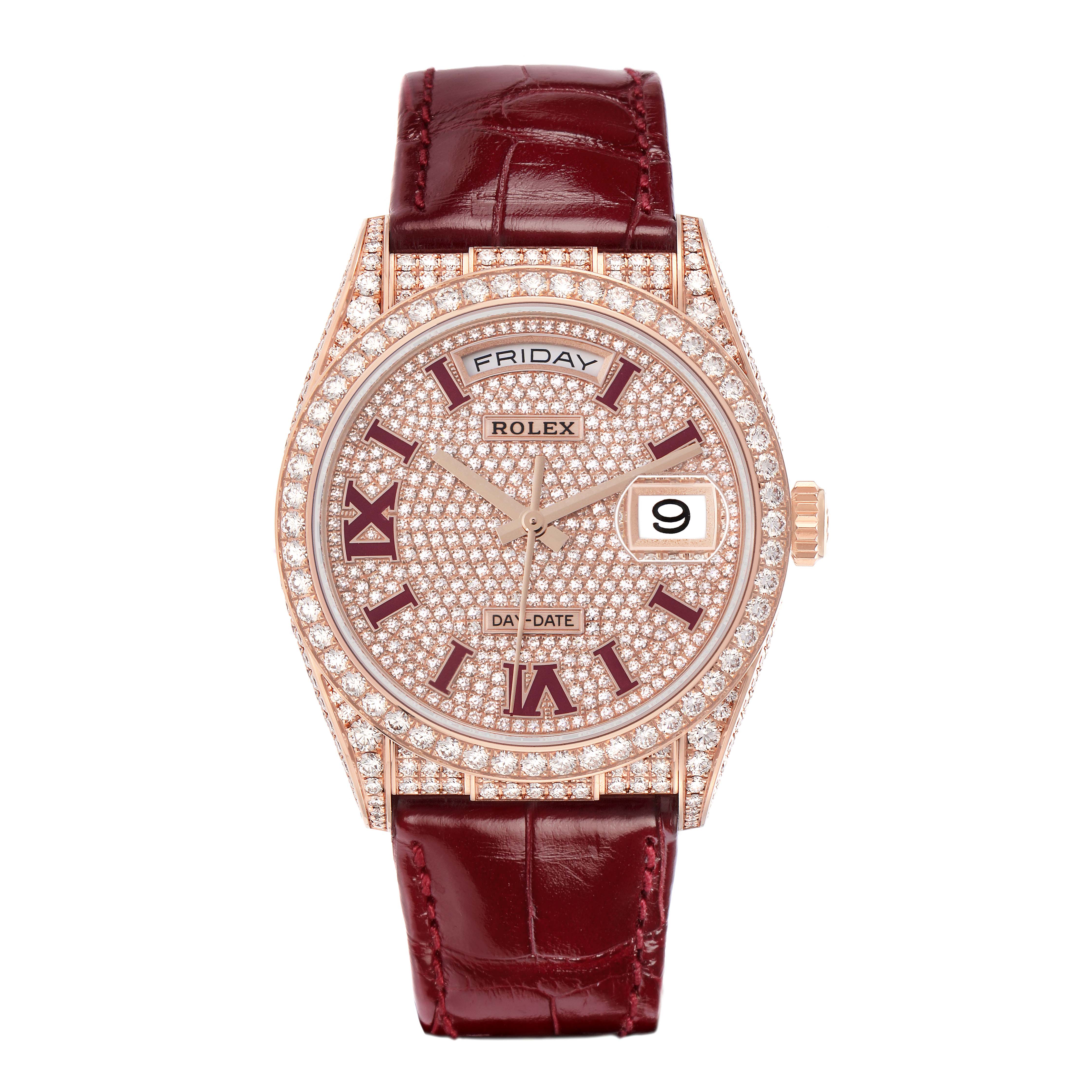 The Rolex Datejust model 128155RBR is shown from the front, featuring a diamond-studded dial, day-date display, and a burgundy leather strap.