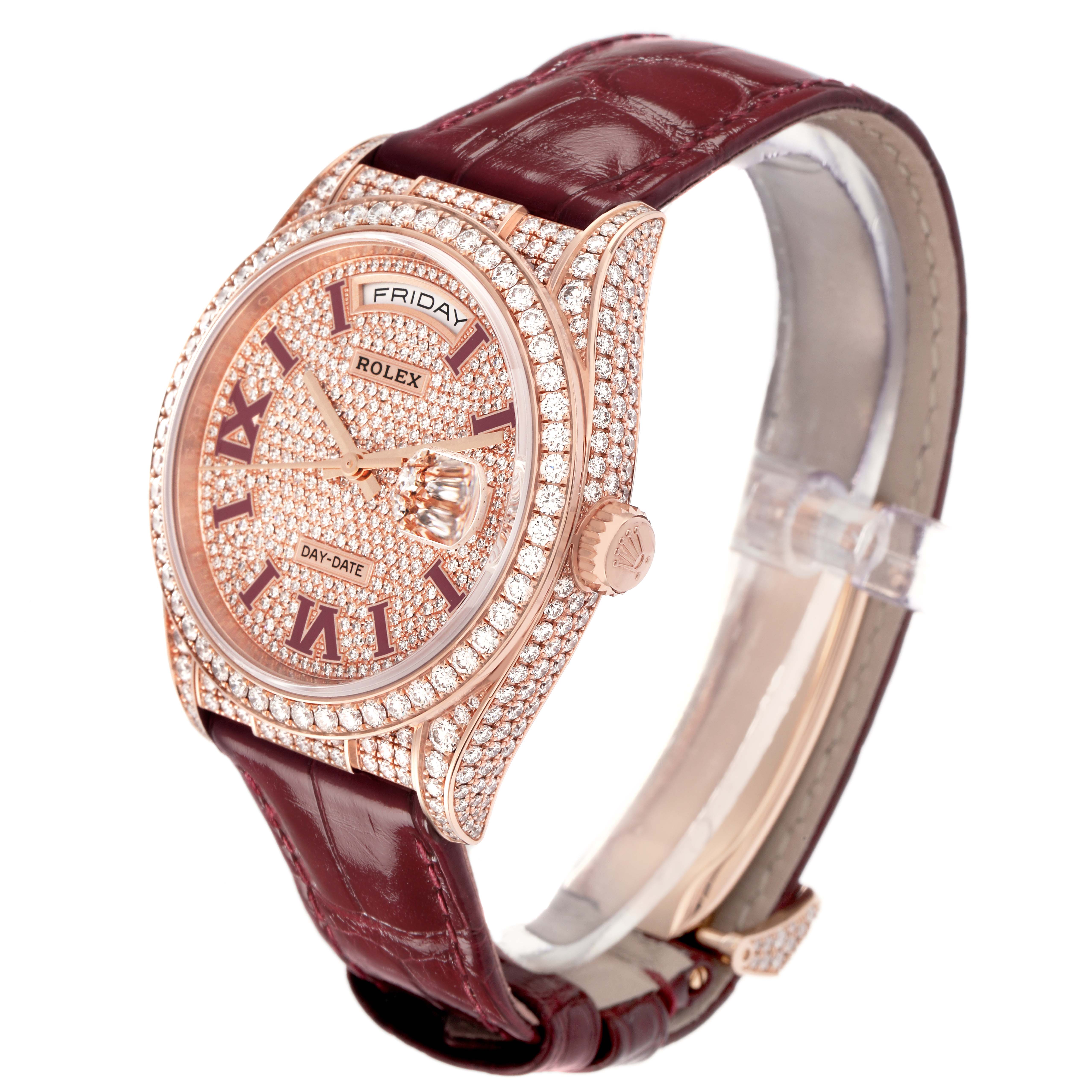 The Rolex Datejust model 128155RBR is shown at an angle displaying the face, bezel, crown, and leather strap, highlighting its intricate design and diamond details.