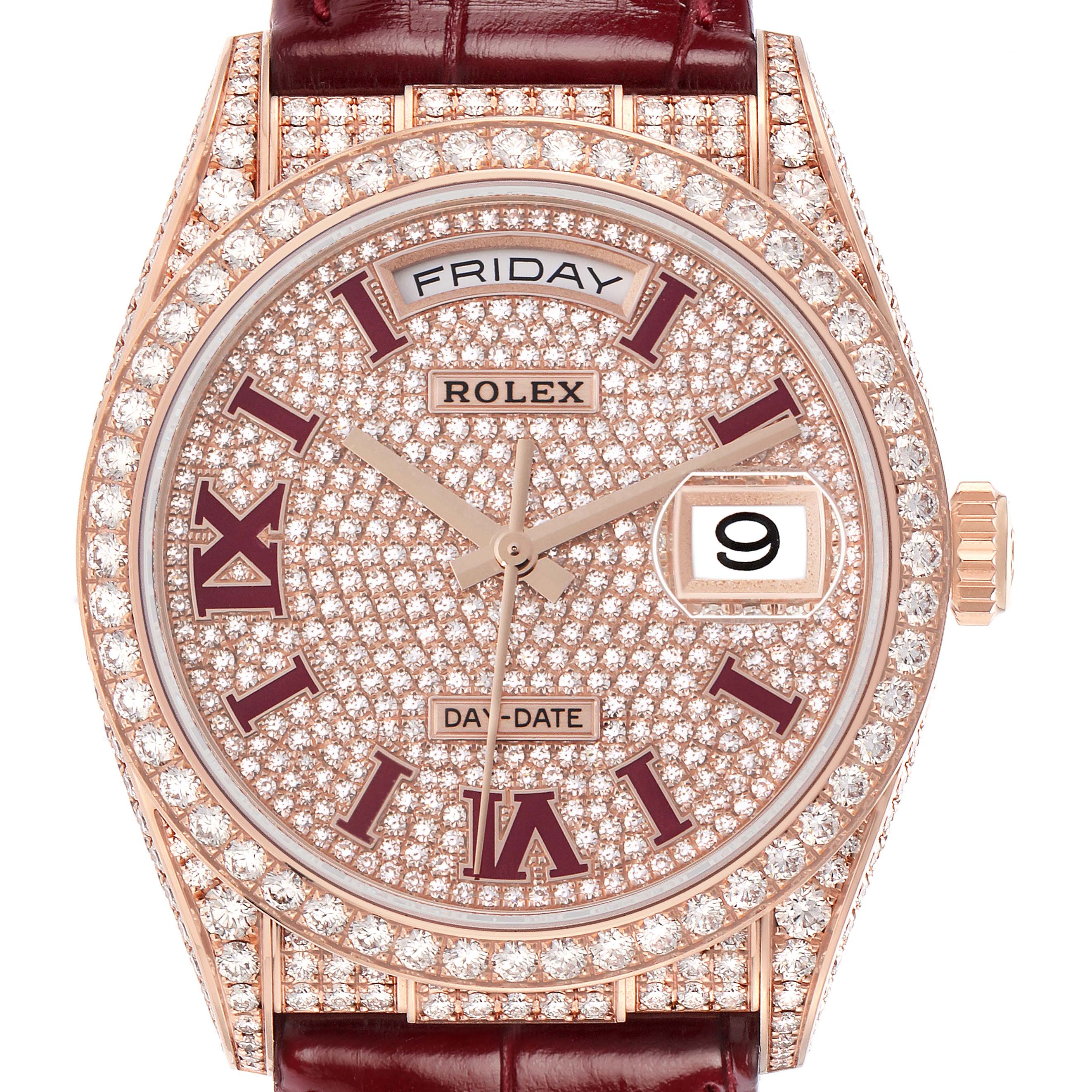 The Rolex Datejust model 128155RBR watch is shown from the front, featuring a diamond-encrusted bezel, dial, and maroon accents.