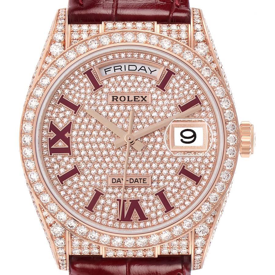 The Rolex Datejust model 128155RBR watch is shown from the front, featuring a diamond-encrusted bezel, dial, and maroon accents.