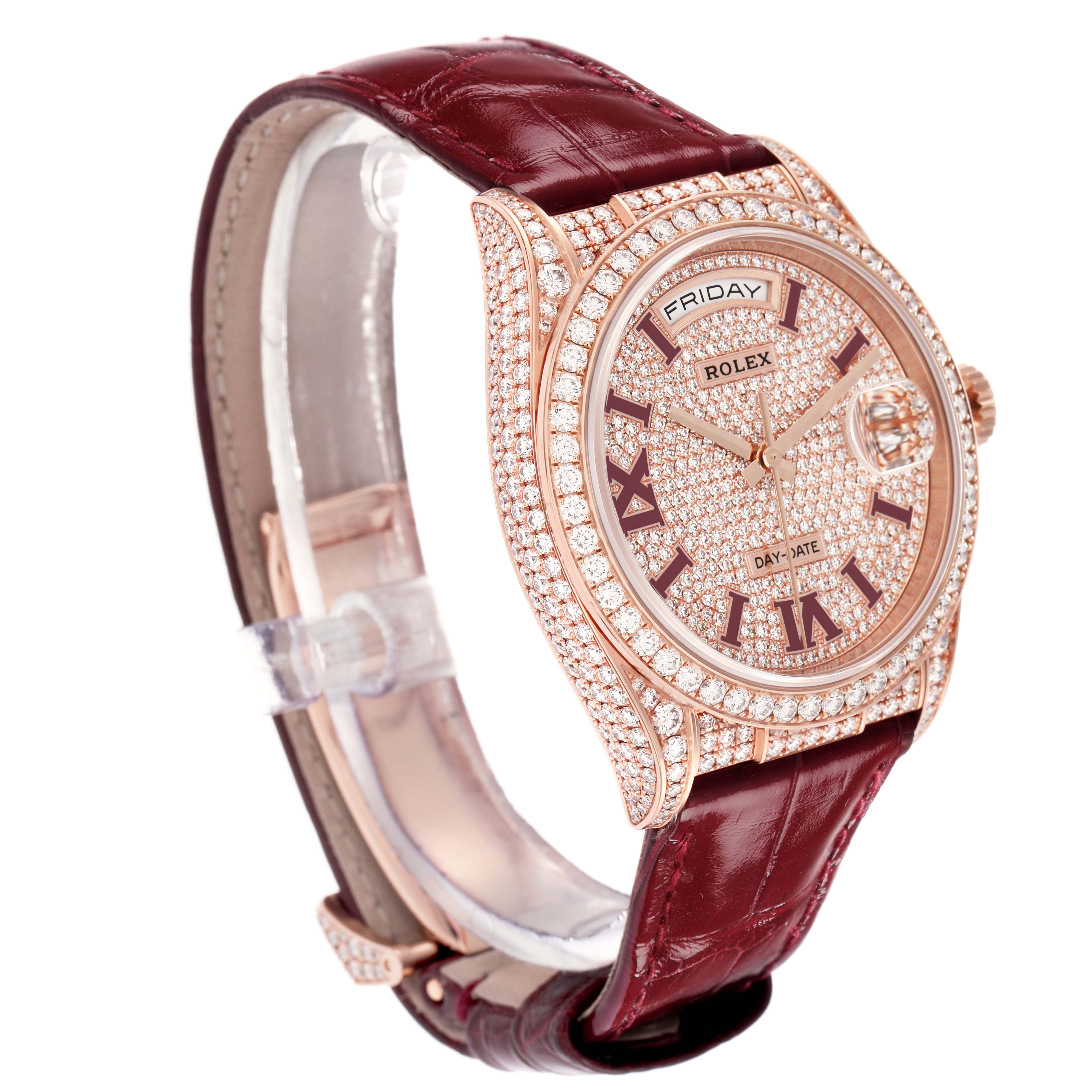 The Rolex Datejust model 128155RBR is shown at an angle highlighting the diamond-encrusted dial and case, with a red leather strap visible.