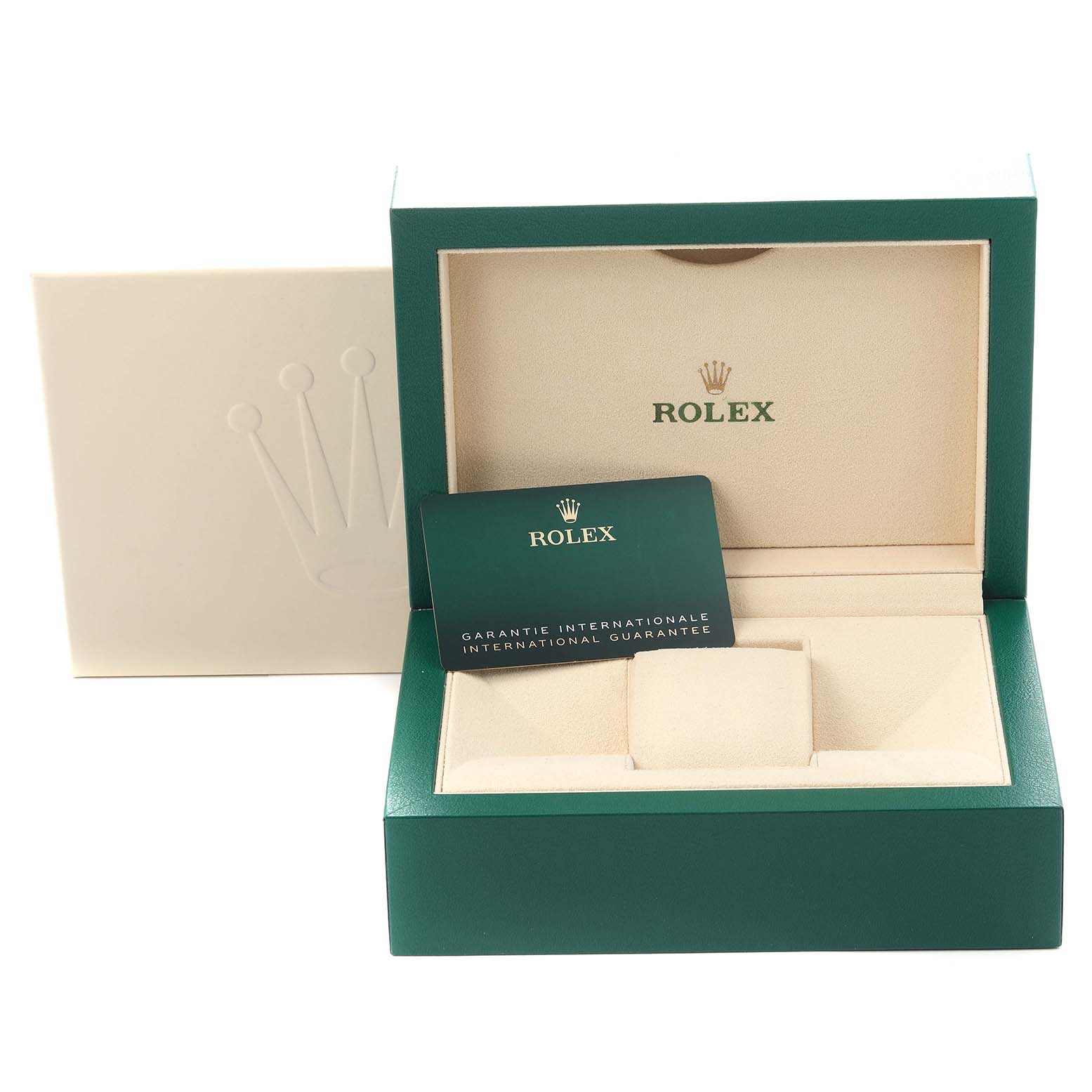 The image shows a Rolex Datejust model number 128155RBR box and warranty card from a front angle, highlighting the interior and card placement.