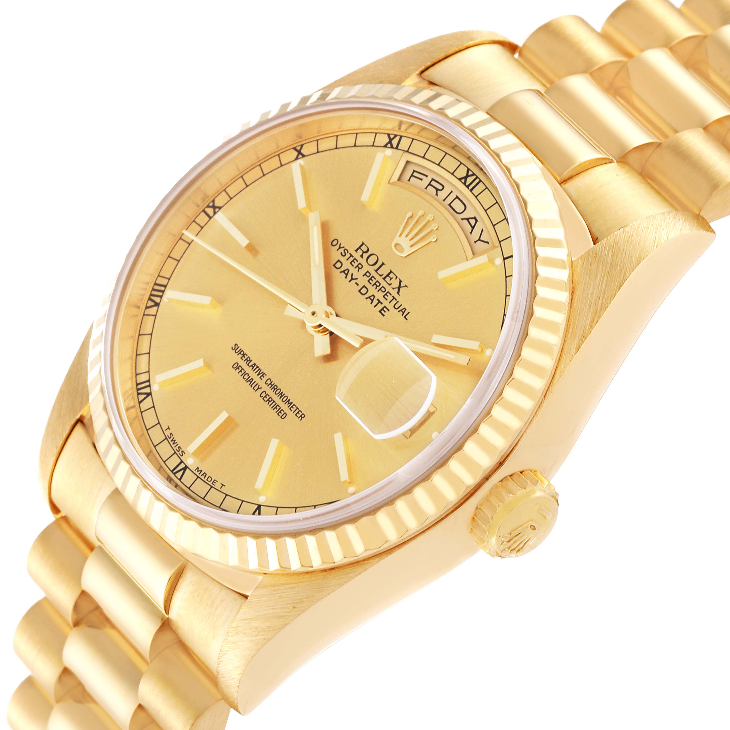 The image shows an angled view of a Rolex President 18238 Men
s Yellow Gold Champagne Dial 18238 Men
s Yellow Gold Champagne Dial model watch, highlighting the gold dial, day-date display, bezel, and part of the band.