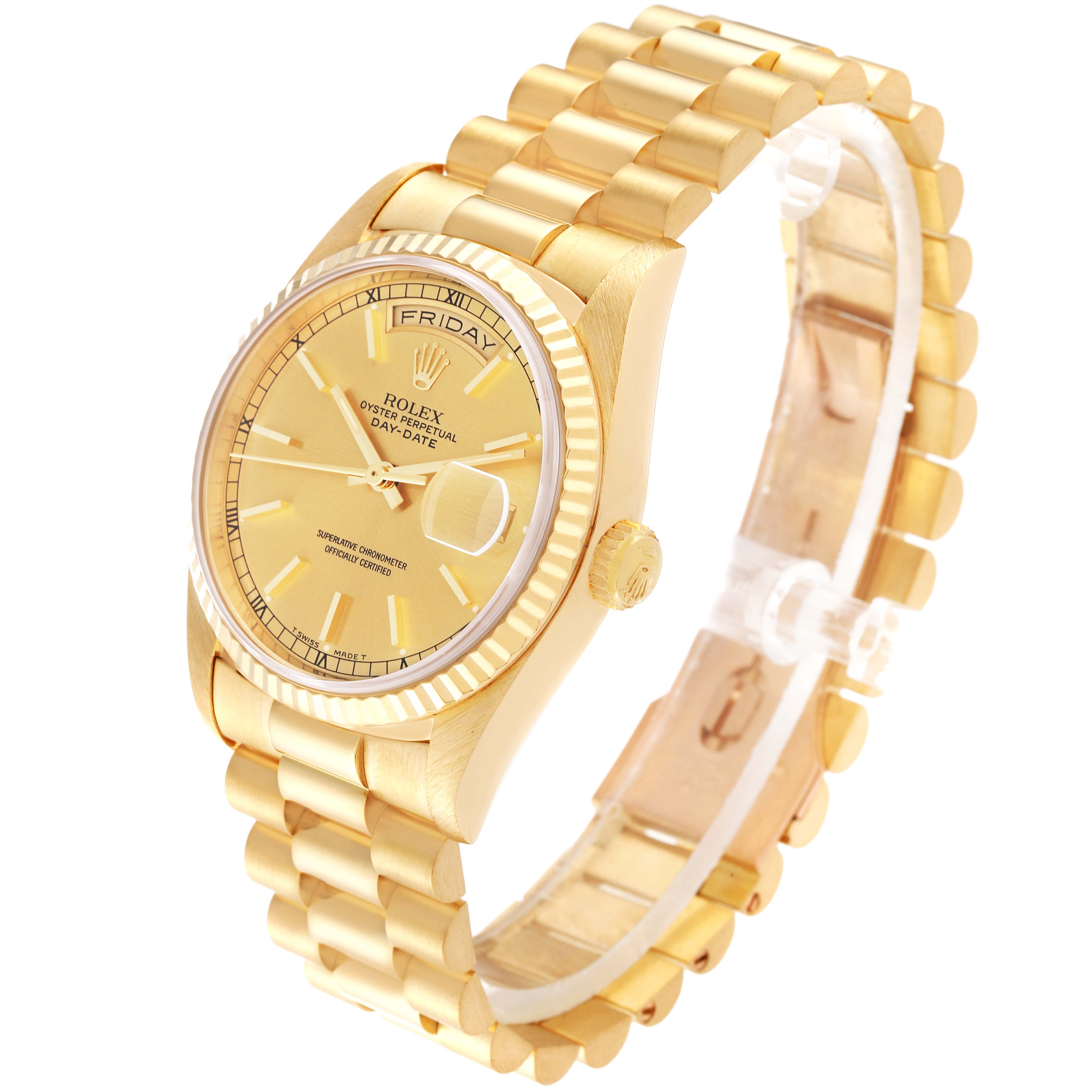 The watch shown is a Rolex President 18238 Men
s Yellow Gold Champagne Dial 18238 Men
s Yellow Gold Champagne Dial model, displayed at an angled side view showing the face, bezel, case, bracelet, and crown.