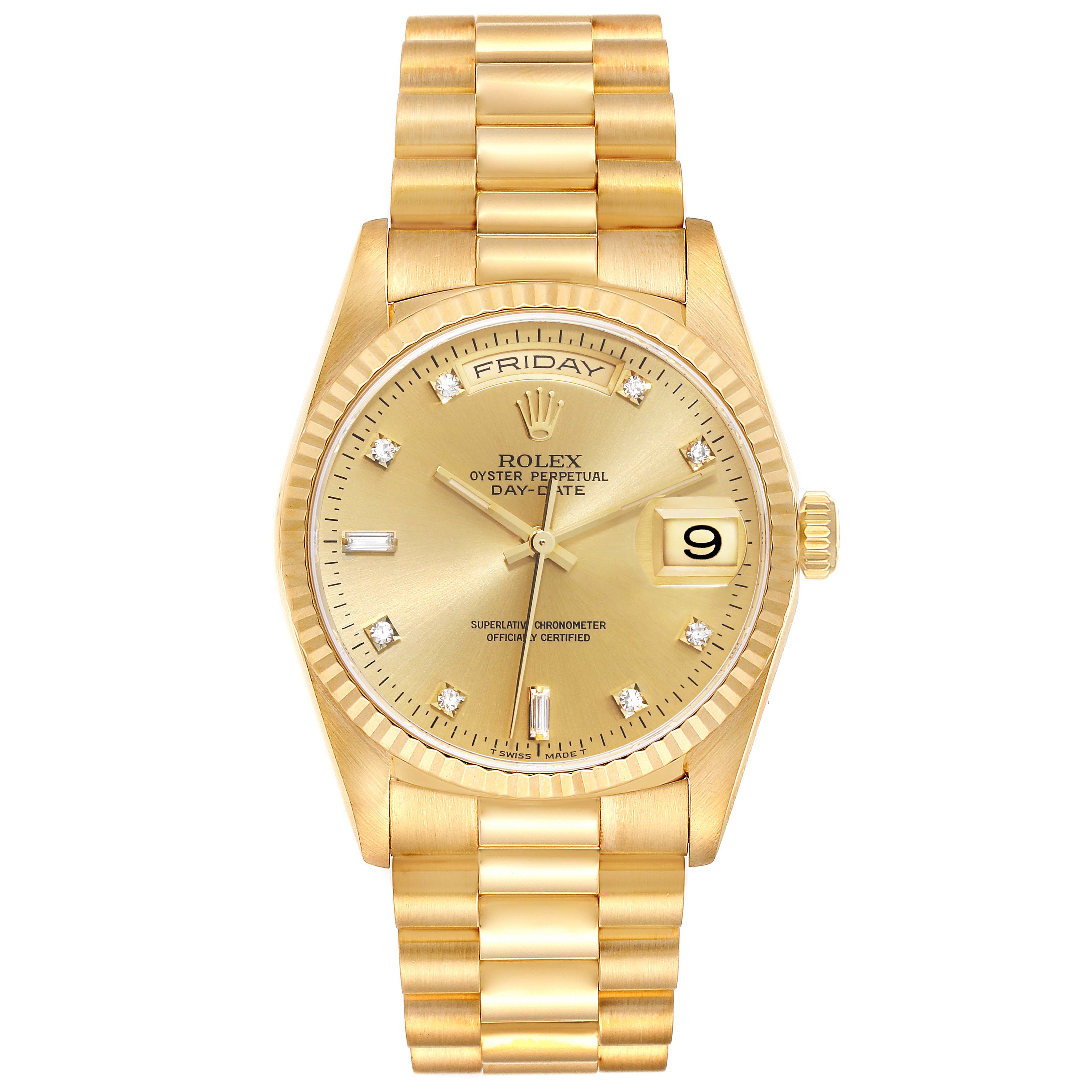 This image shows a Rolex President 18238 Men
s Yellow Gold Champagne Dial 18238 Men
s Yellow Gold Champagne Dial model watch, featuring the dial, bracelet, date and day windows from a top view angle.