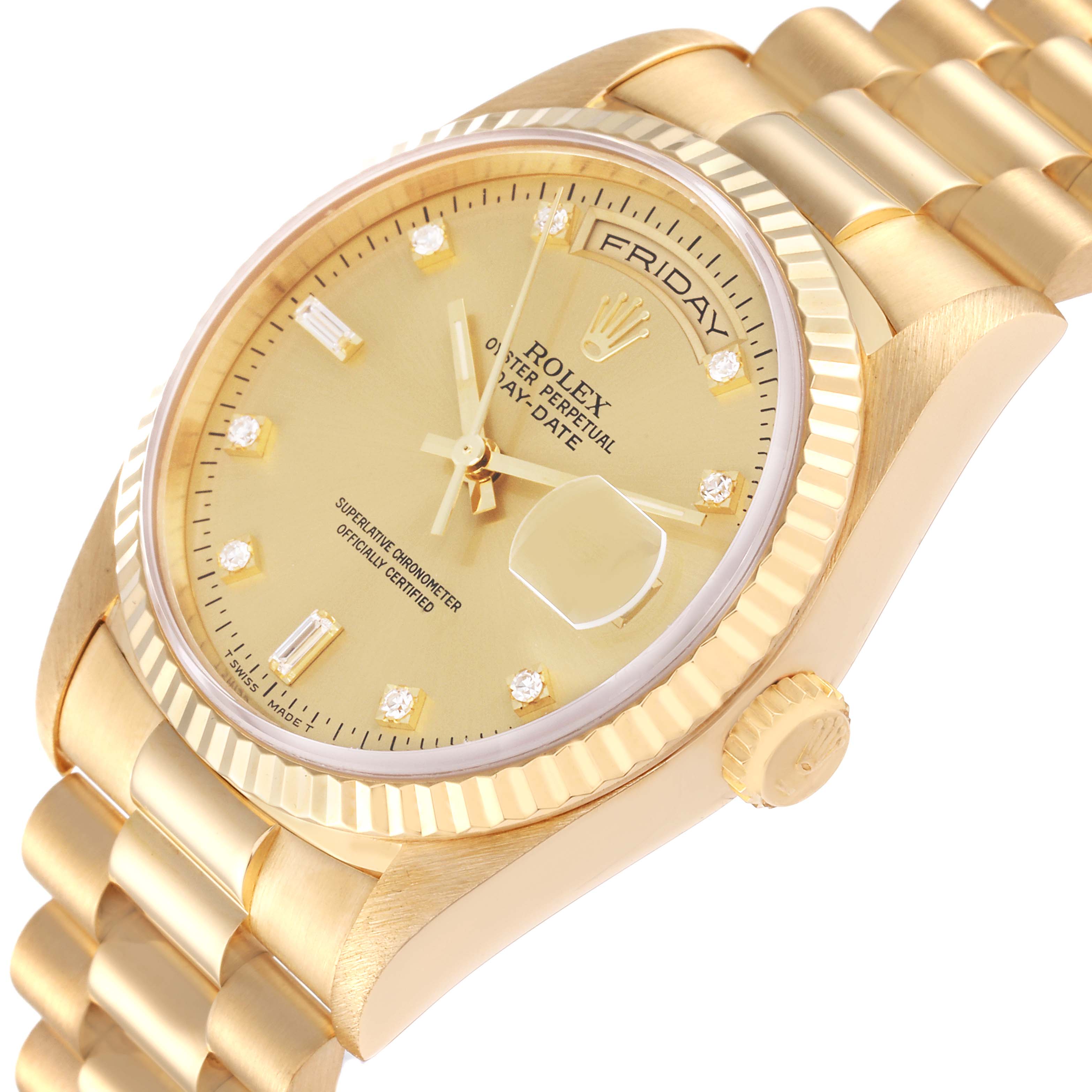 This image shows a side angle view of a Rolex President 18238 Men
s Yellow Gold Champagne Dial 18238 Men
s Yellow Gold Champagne Dial watch, highlighting the gold case, dial, and bracelet.