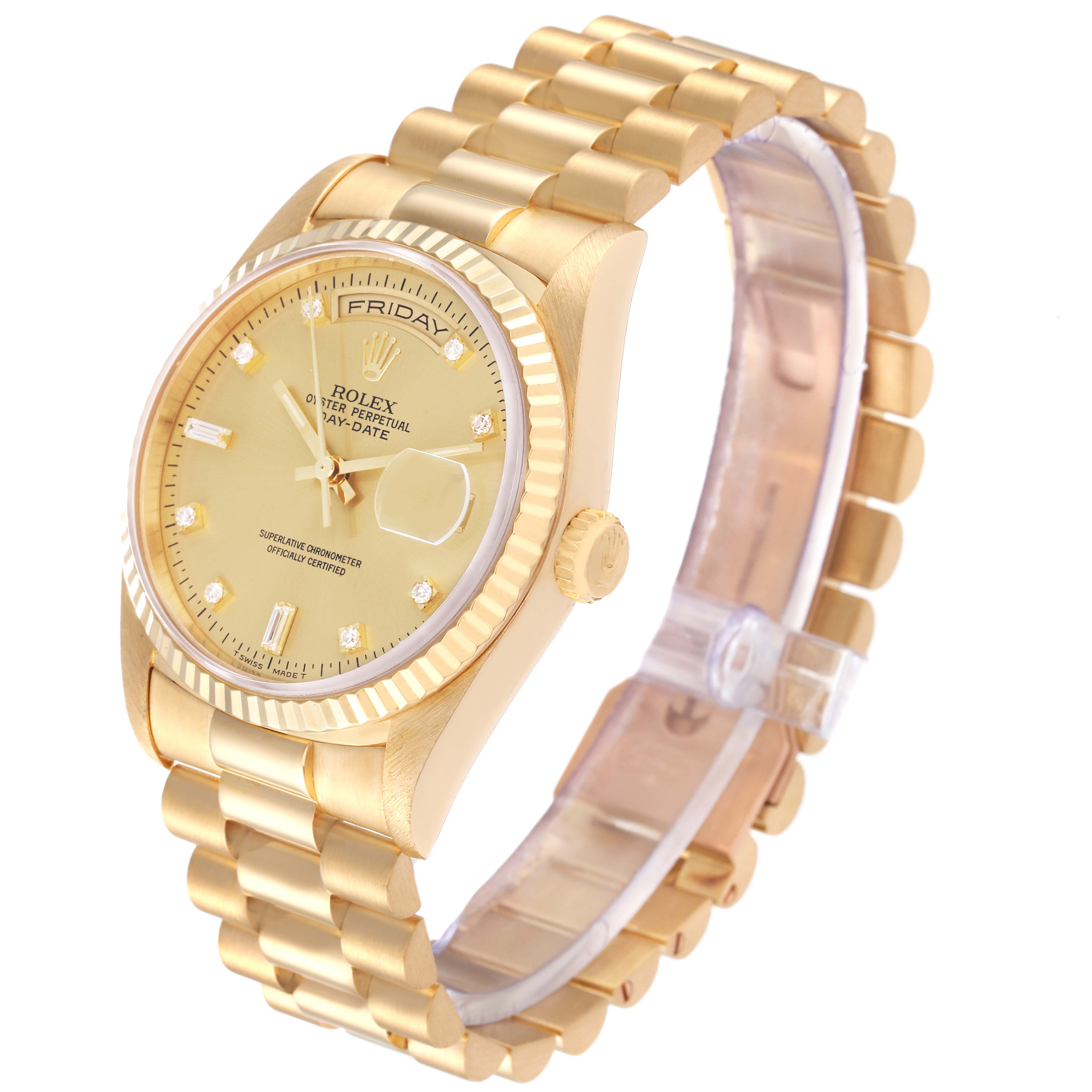 The image shows a Rolex President 18238 Men
s Yellow Gold Champagne Dial 18238 Men
s Yellow Gold Champagne Dial model watch at an oblique angle highlighting the face, bezel, crown, and bracelet.