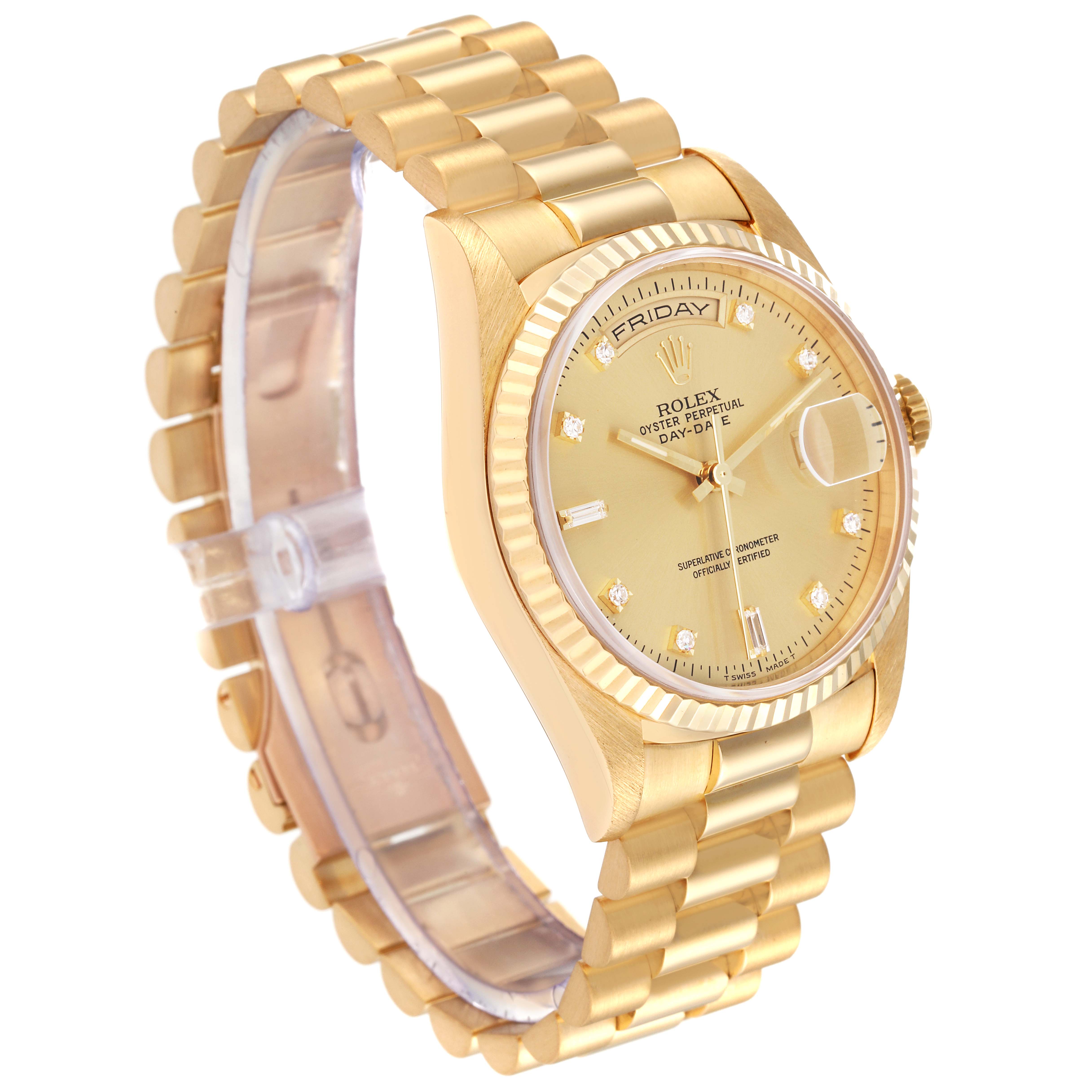 The image shows a Rolex President 18238 Men
s Yellow Gold Champagne Dial 18238 Men
s Yellow Gold Champagne Dial model watch at an angled side view, highlighting its gold bracelet, dial, and fluted bezel.