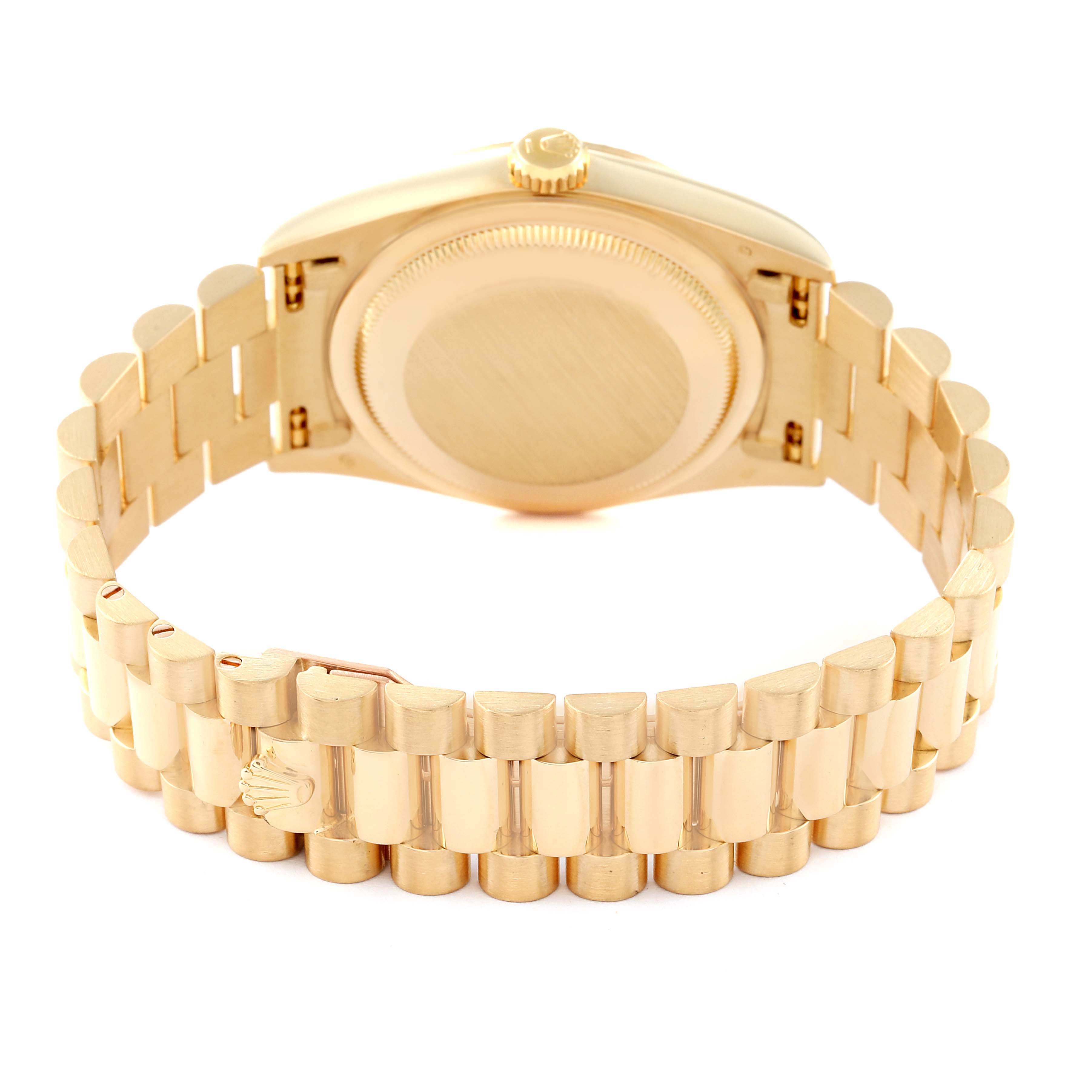 The image shows the back view and bracelet of a Rolex President 18238 Men
s Yellow Gold Champagne Dial 18238 Men
s Yellow Gold Champagne Dial model watch.