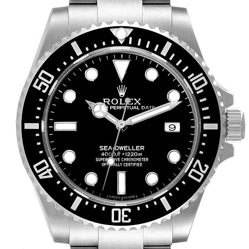 The image displays a front view of the Rolex Sea-Dweller watch, highlighting its black dial, rotating bezel, and bracelet.