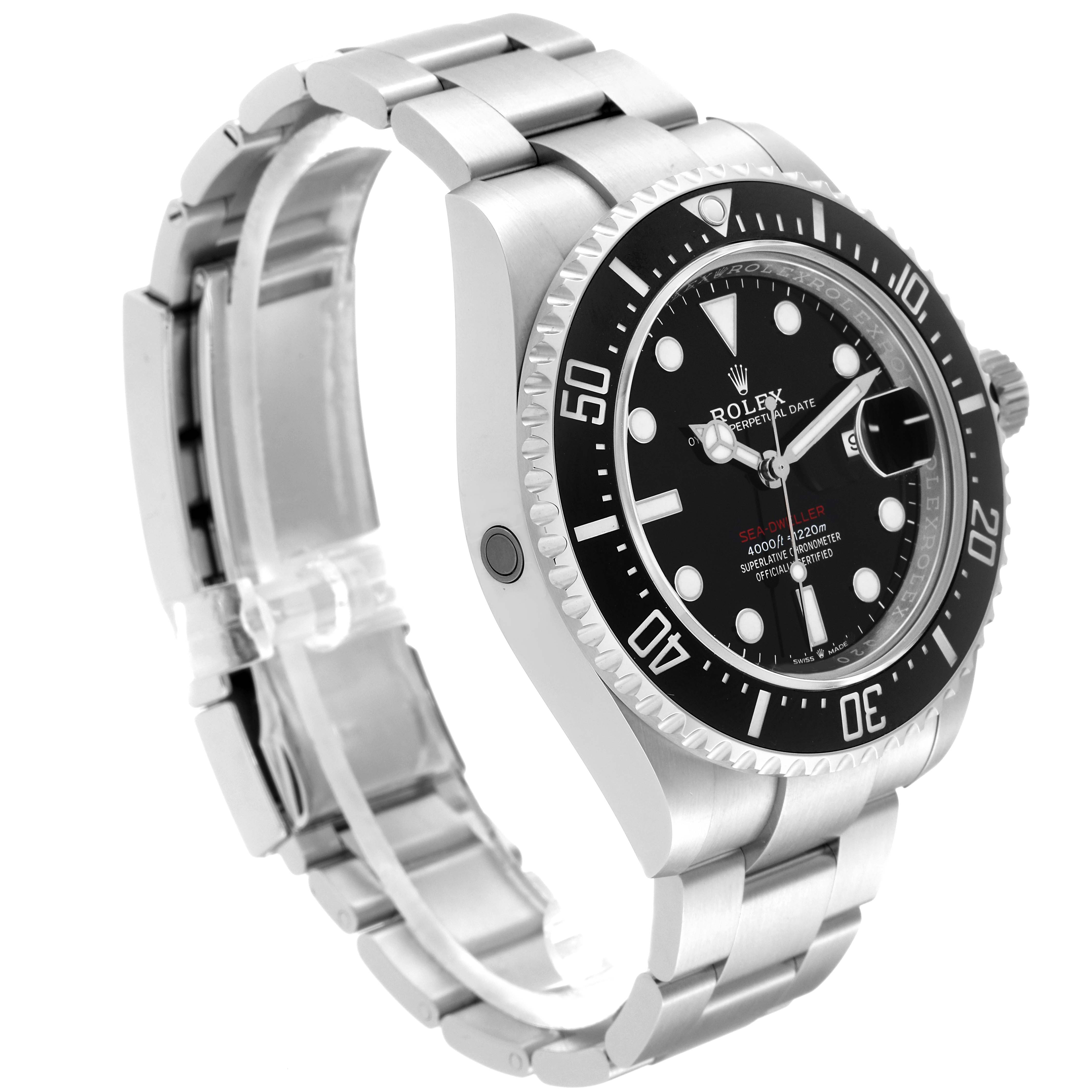 The watch is a Rolex Sea-Dweller 126600 Men
s Stainless Steel Black Dial 126600 Men
s Stainless Steel Black Dial, shown at a three-quarter angle displaying its bezel, dial, side case, and bracelet.