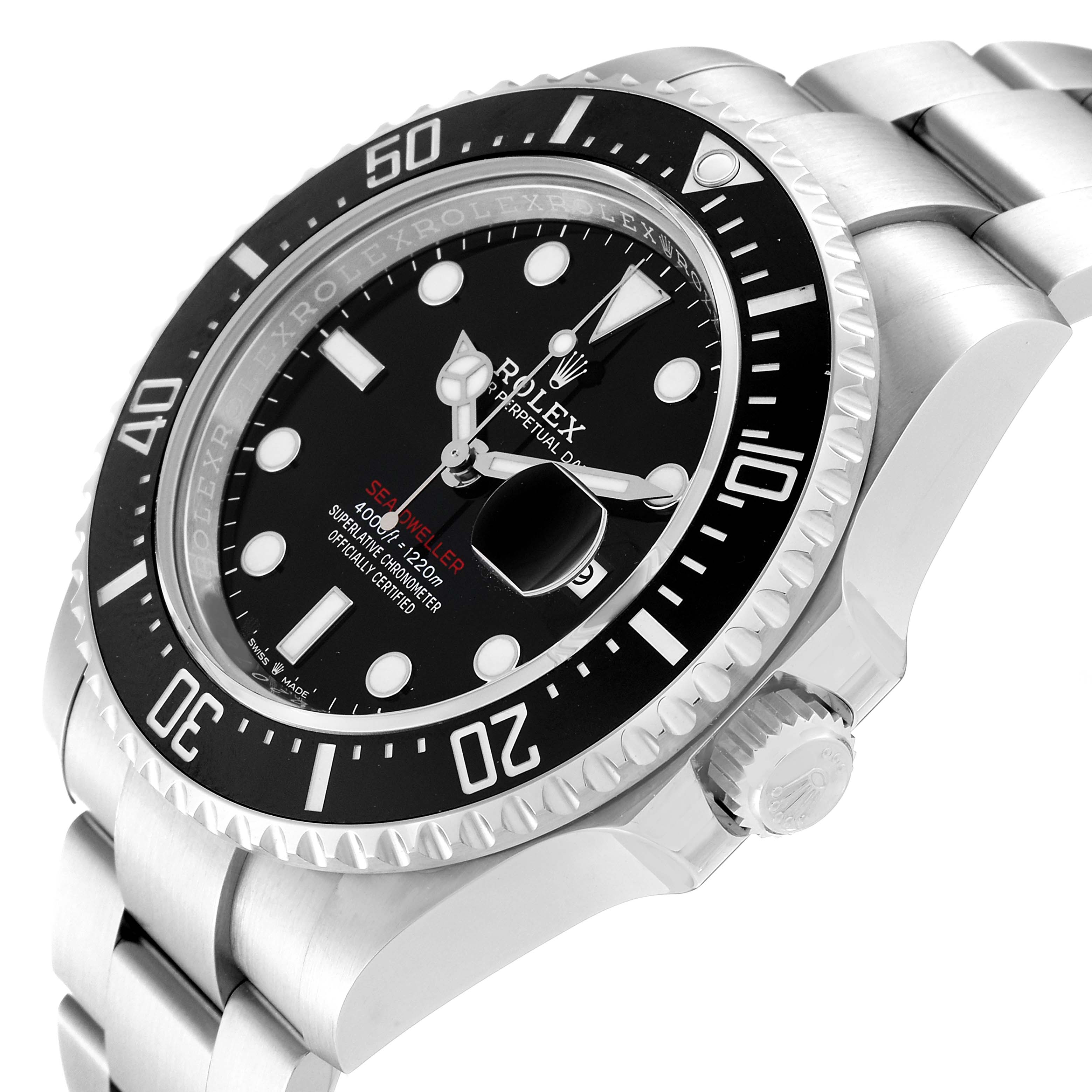 The image shows a close-up angle of the Rolex Sea-Dweller 126600 Men
s Stainless Steel Black Dial 126600 Men
s Stainless Steel Black Dial watch, highlighting the face, bezel, bracelet, and crown.