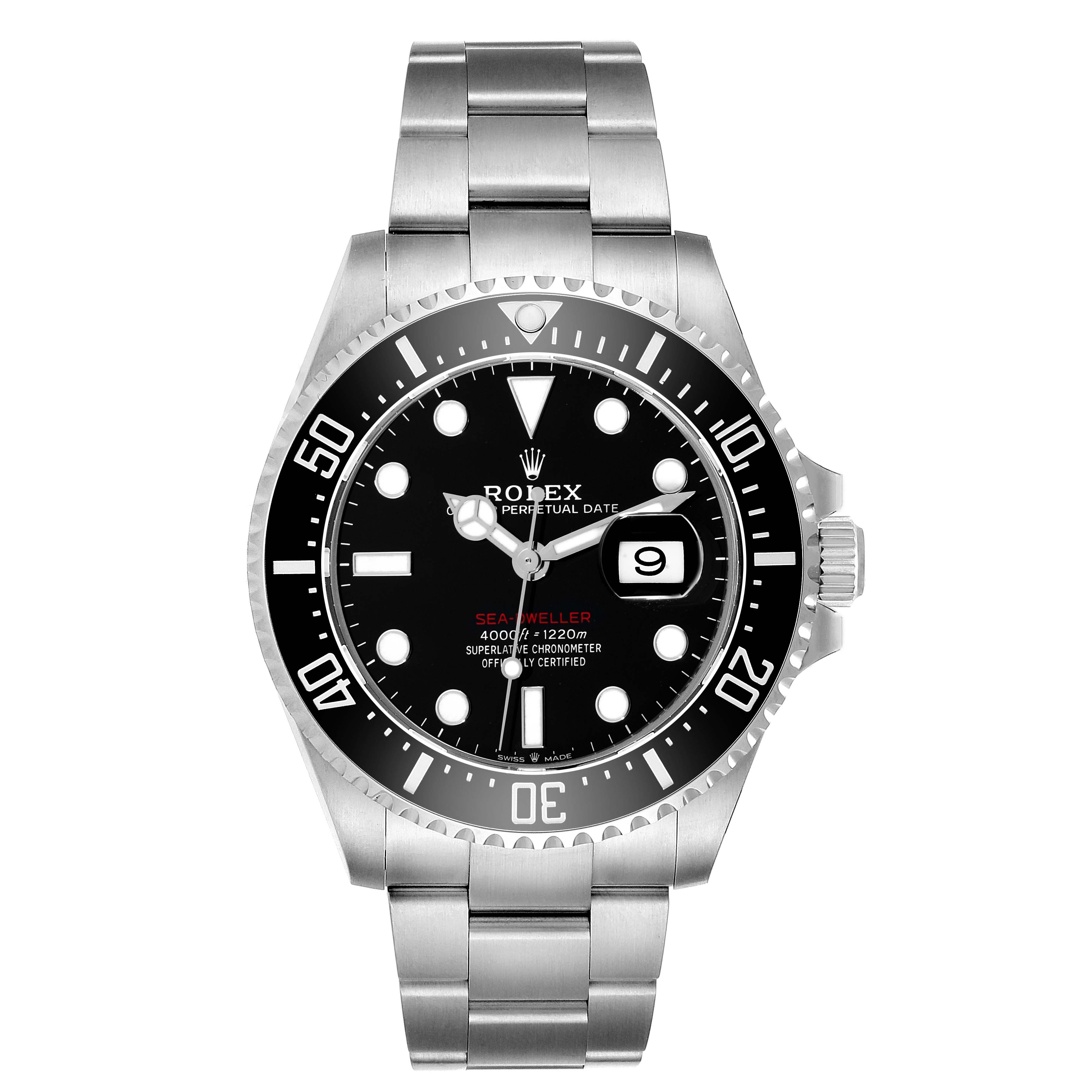 The image shows a front view of the Rolex Sea-Dweller 126600 Men
s Stainless Steel Black Dial 126600 Men
s Stainless Steel Black Dial watch, displaying its dial, bezel, and bracelet.