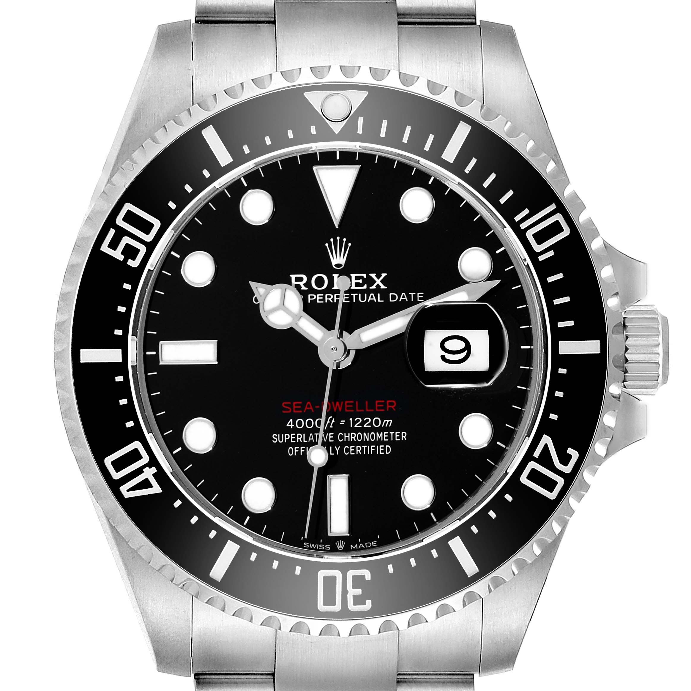 The image shows a frontal view of a Rolex Sea-Dweller 126600 Men
s Stainless Steel Black Dial 126600 Men
s Stainless Steel Black Dial watch, highlighting its black dial, bezel, and date display.