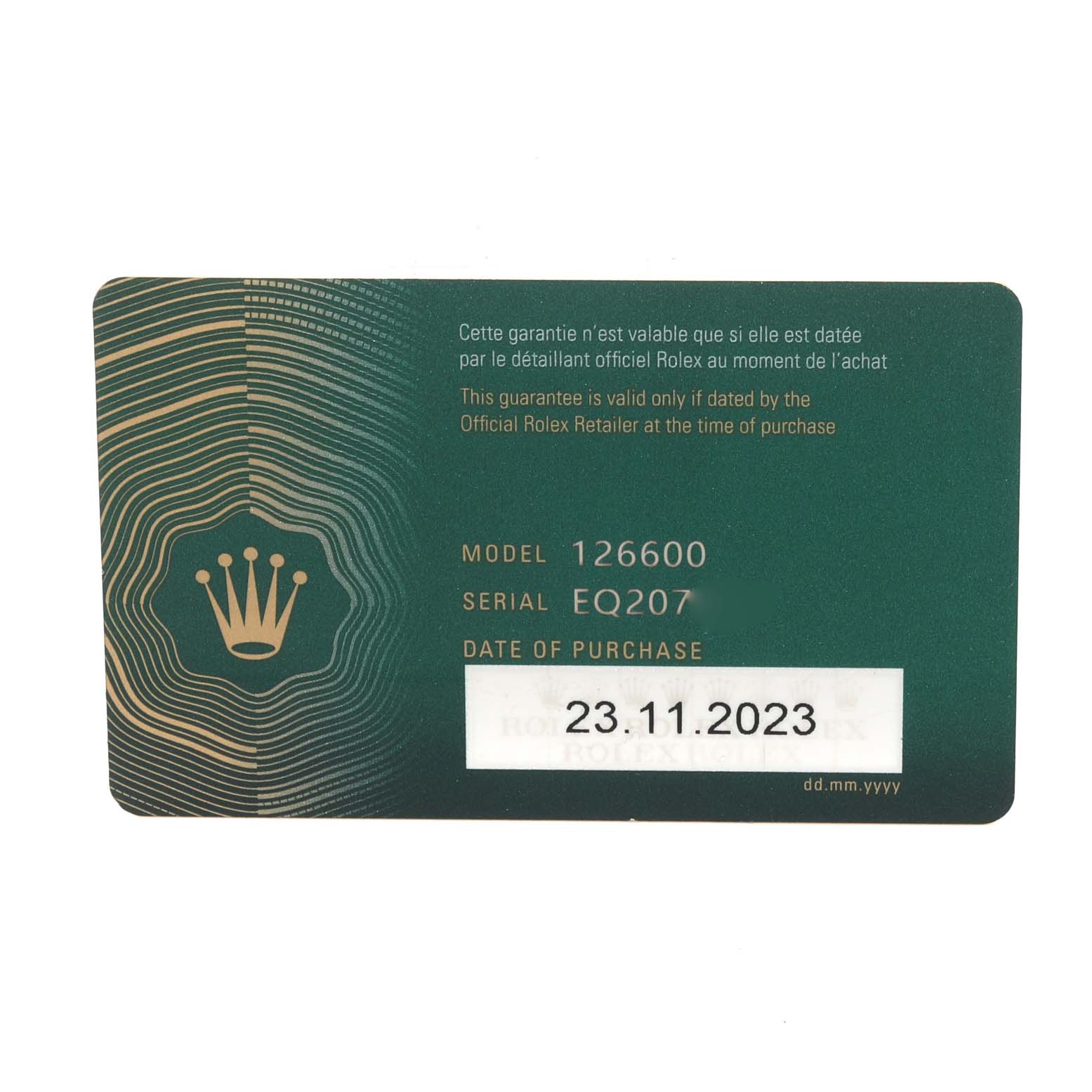 This is a warranty card for the Rolex Sea-Dweller 126600 Men
s Stainless Steel Black Dial 126600 Men
s Stainless Steel Black Dial model 126600, showing model number, serial number, and date of purchase.